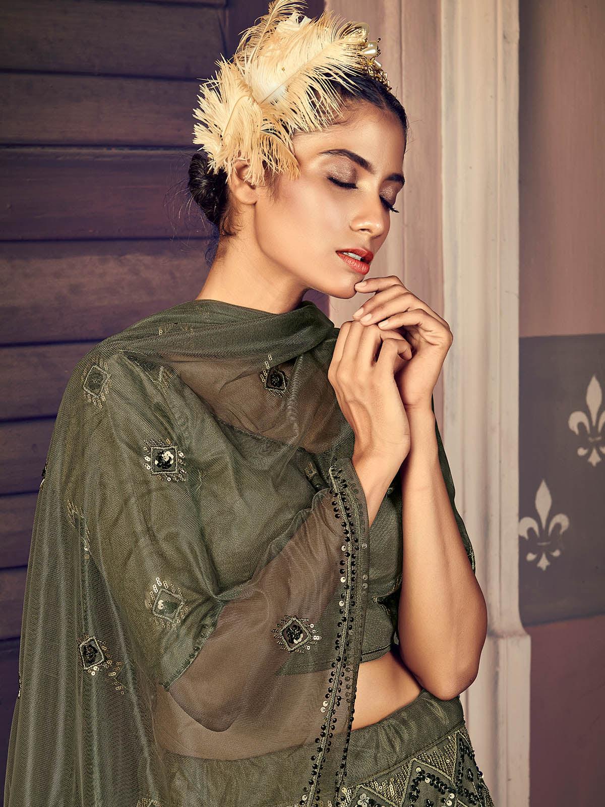 Odette Women Impressive Olive Green Net Sequins Semi Stitched Lehenga With  Unstitched Blouse - Image 3