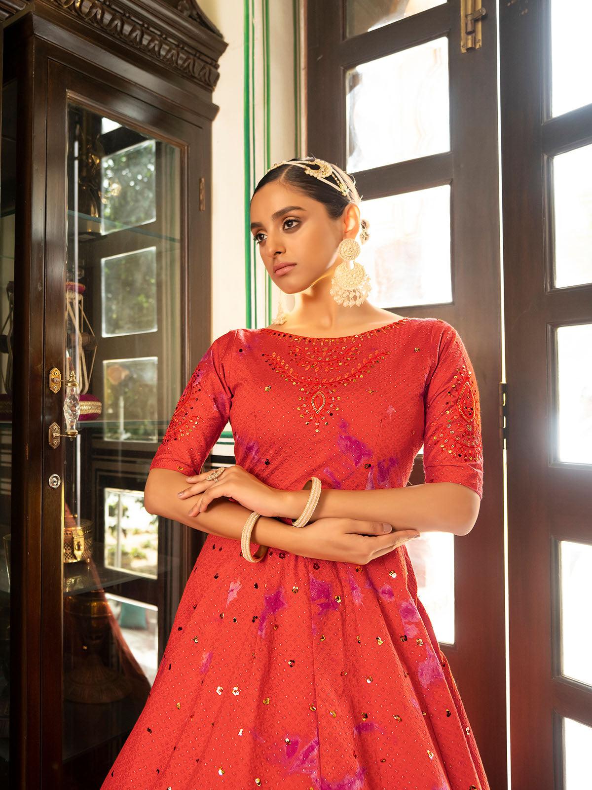 Odette Women Impressive Orange Cotton Semi Stitched Gown - Image 2