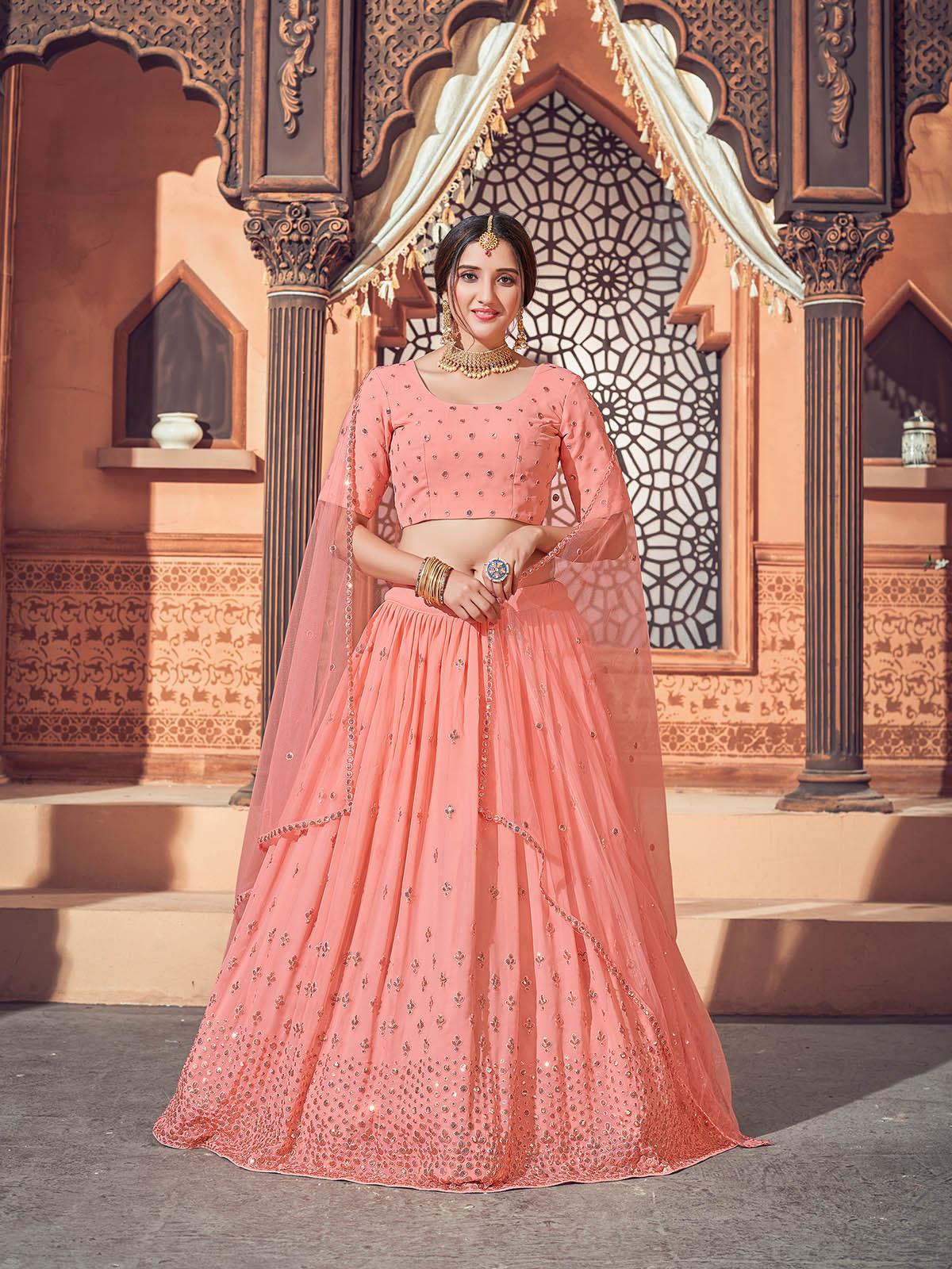 Odette Women Impressive Peach Georgette Semi Stitched Lehenga With  Unstitched Blouse - Image 2
