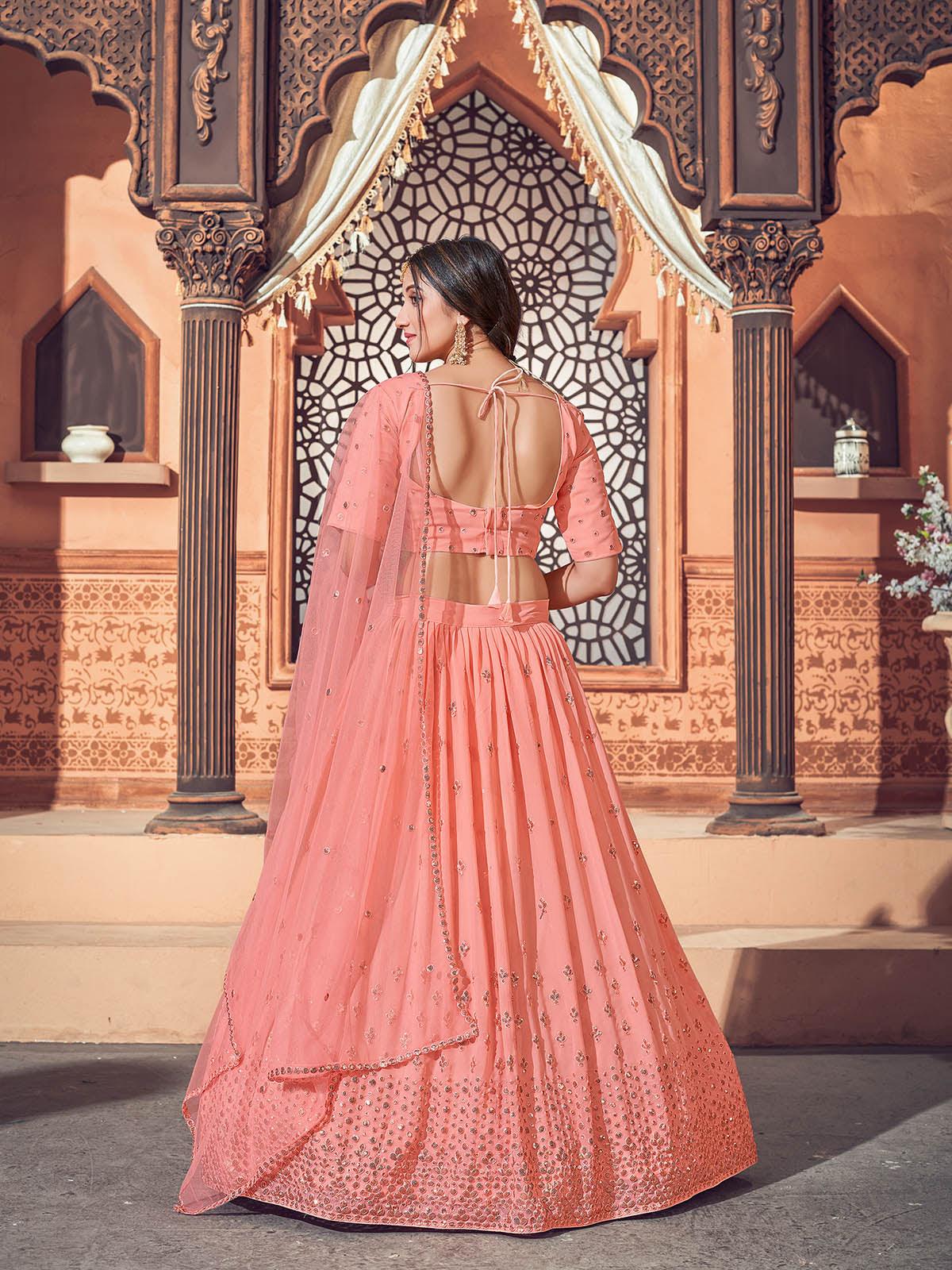Odette Women Impressive Peach Georgette Semi Stitched Lehenga With  Unstitched Blouse - Image 5