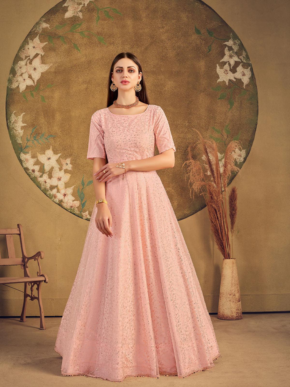 Odette Women Impressive Peach Net Semi Stitched Gown