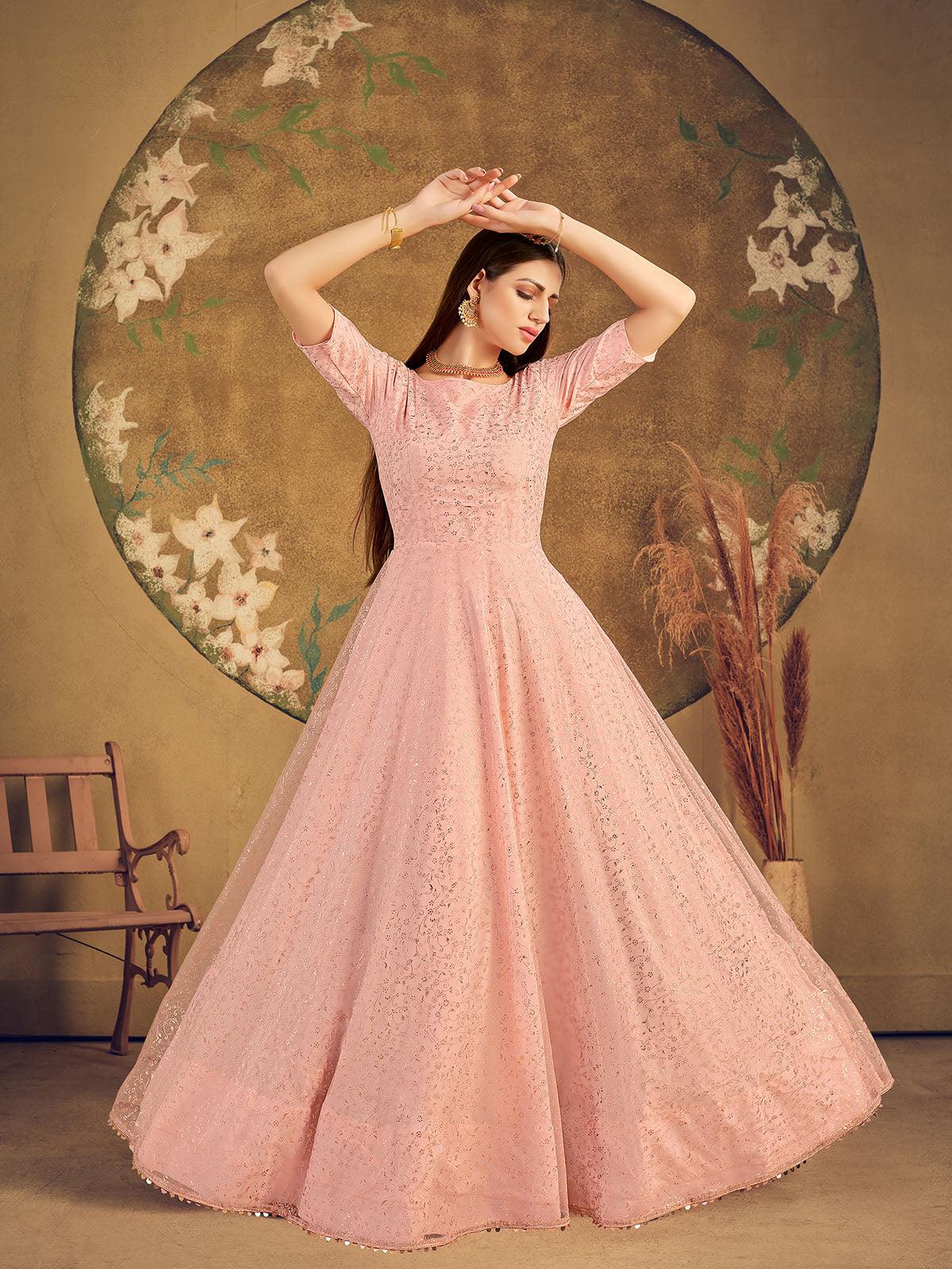 Odette Women Impressive Peach Net Semi Stitched Gown - Image 3