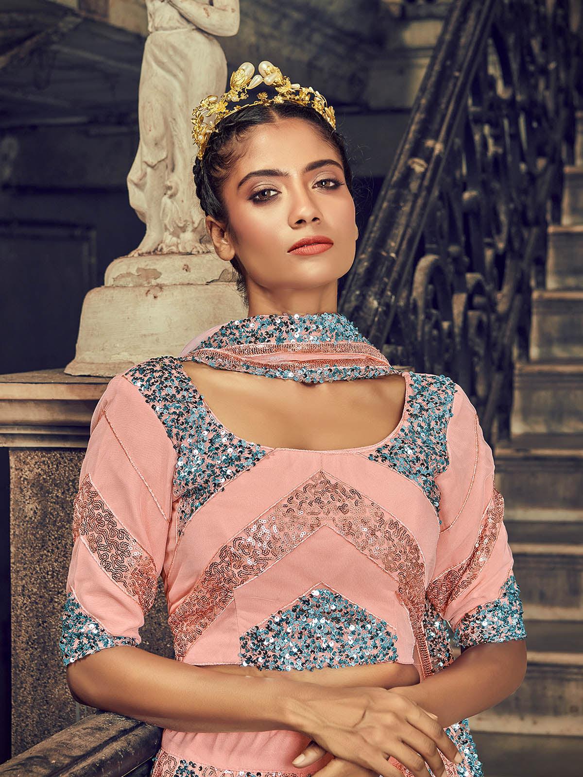 Odette Women Impressive Peach Net Sequins Semi Stitched Lehenga With Unstitched Blouse - Image 3