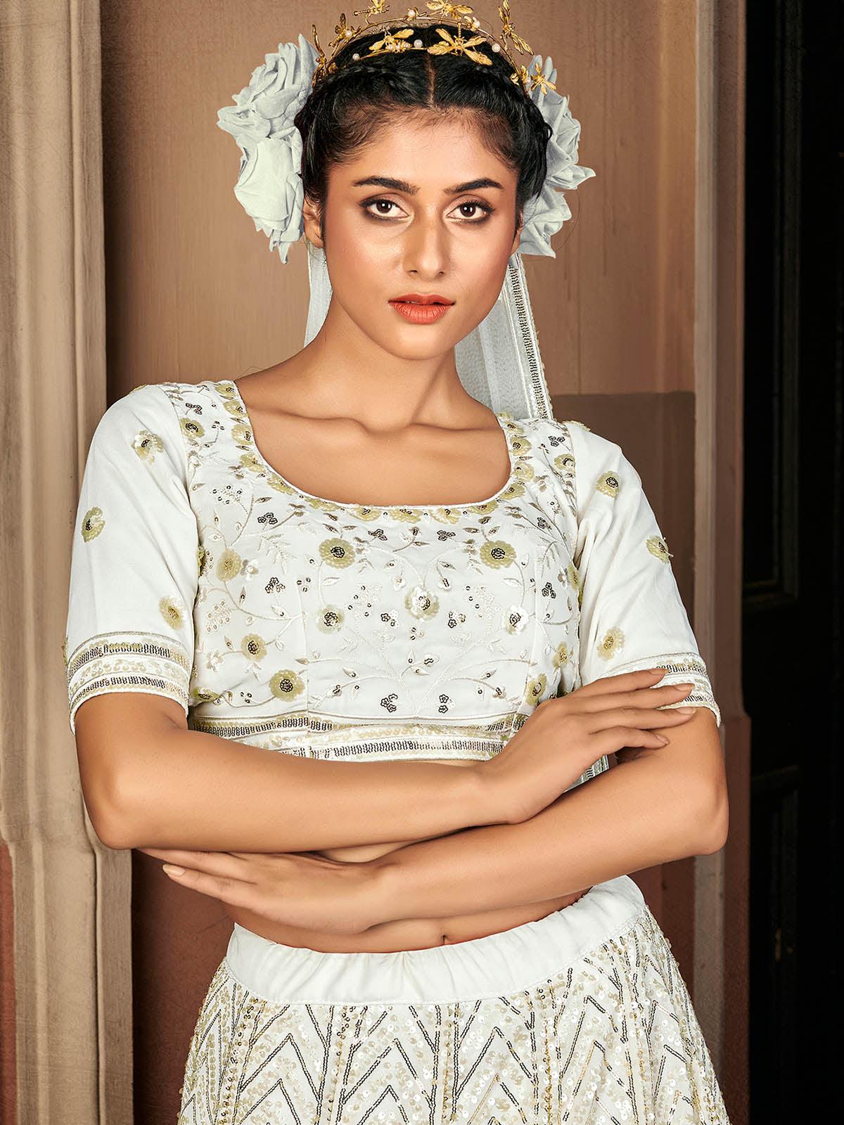 Odette Women Impressive Pearl White Georgette Semi Stitched Lehenga With  Unstitched Blouse - Image 2