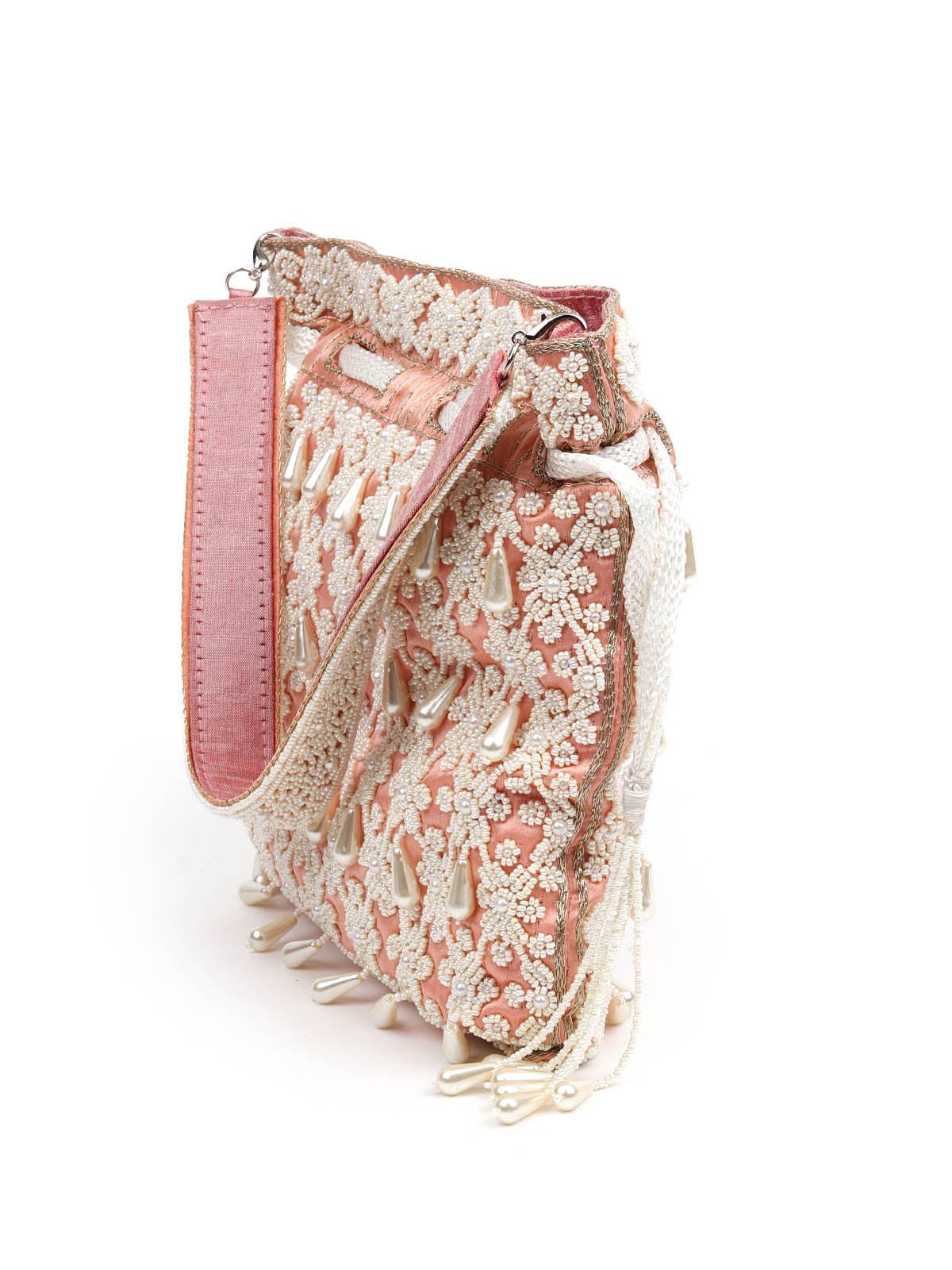 Odette Women Impressive Peach Embroidered Potli - Image 4