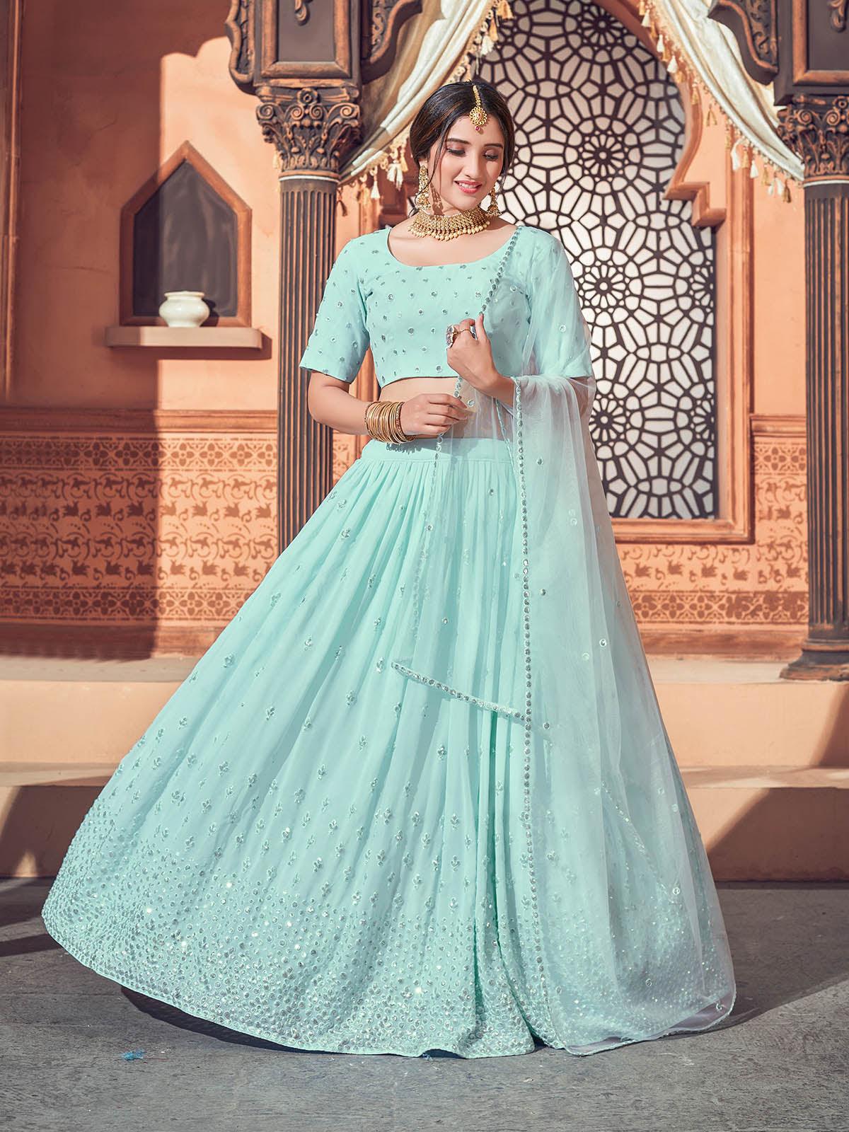 Odette Women Impressive Sky Blue Georgette Semi Stitched Lehenga With  Unstitched Blouse - Image 3