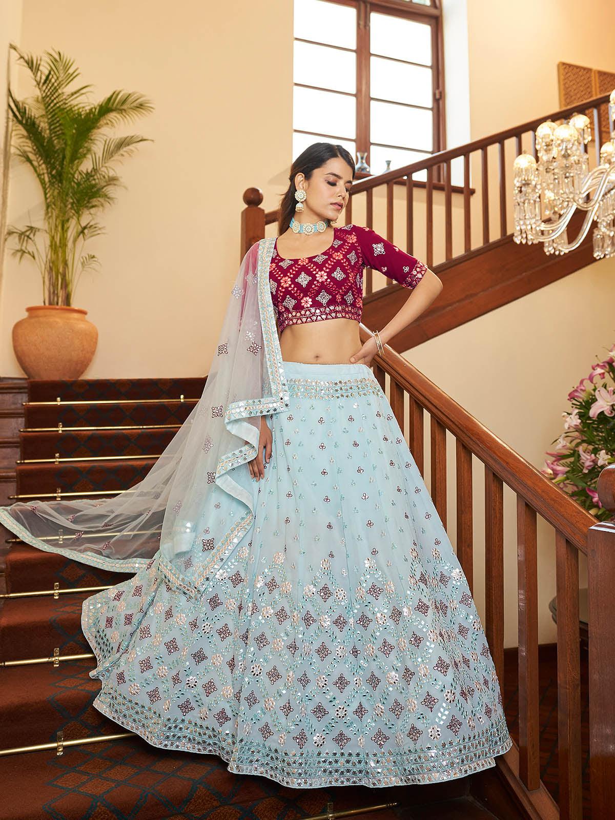 Odette Women Impressive Sky Blue Georgette Semi Stitched Lehenga With  Unstitched Blouse - Image 3
