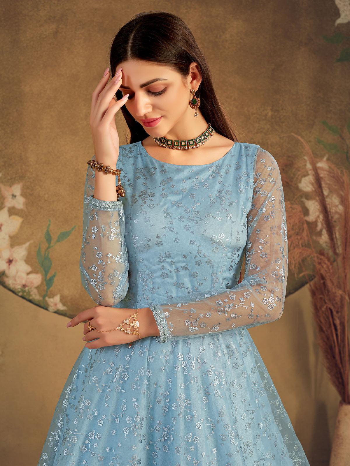 Odette Women Impressive Sky Blue Net Semi Stitched Gown - Image 3
