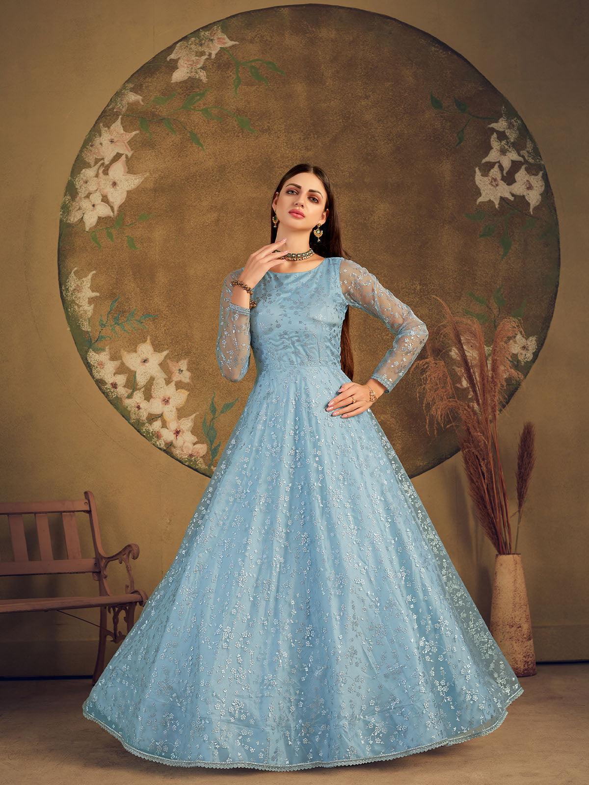Odette Women Impressive Sky Blue Net Semi Stitched Gown - Image 4