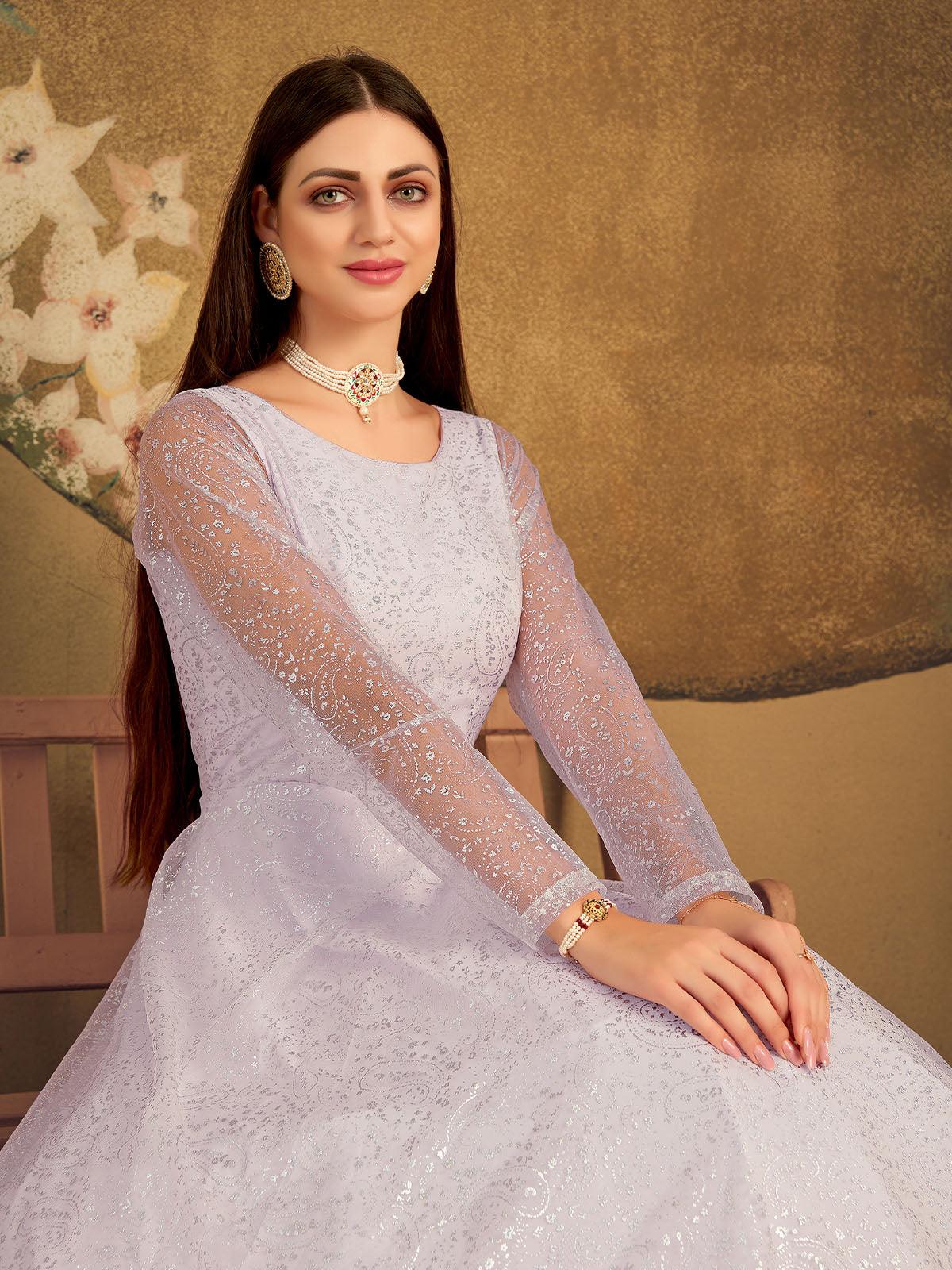 Odette Women Impressive Violet Net Semi Stitched Anarkali - Image 3