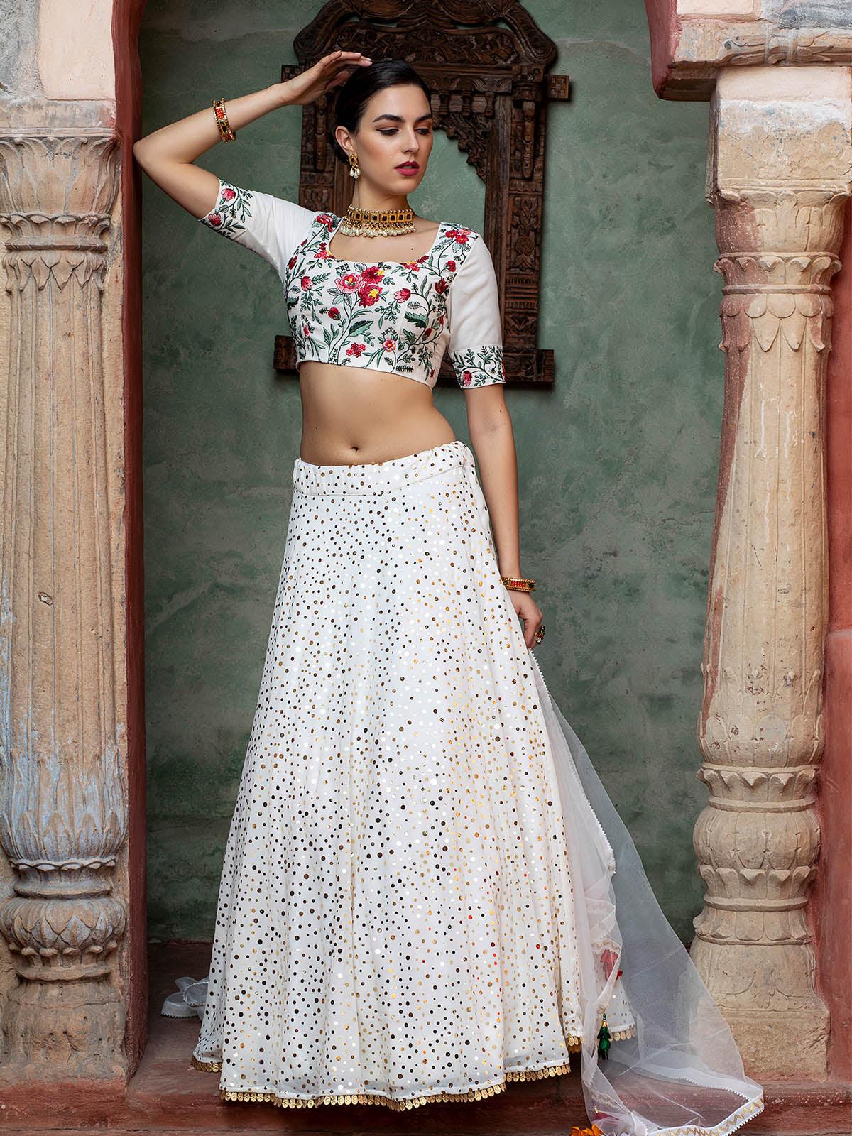 Odette Women Impressive White Georgette Semi Stitched Lehenga With  Unstitched Blouse - Image 3