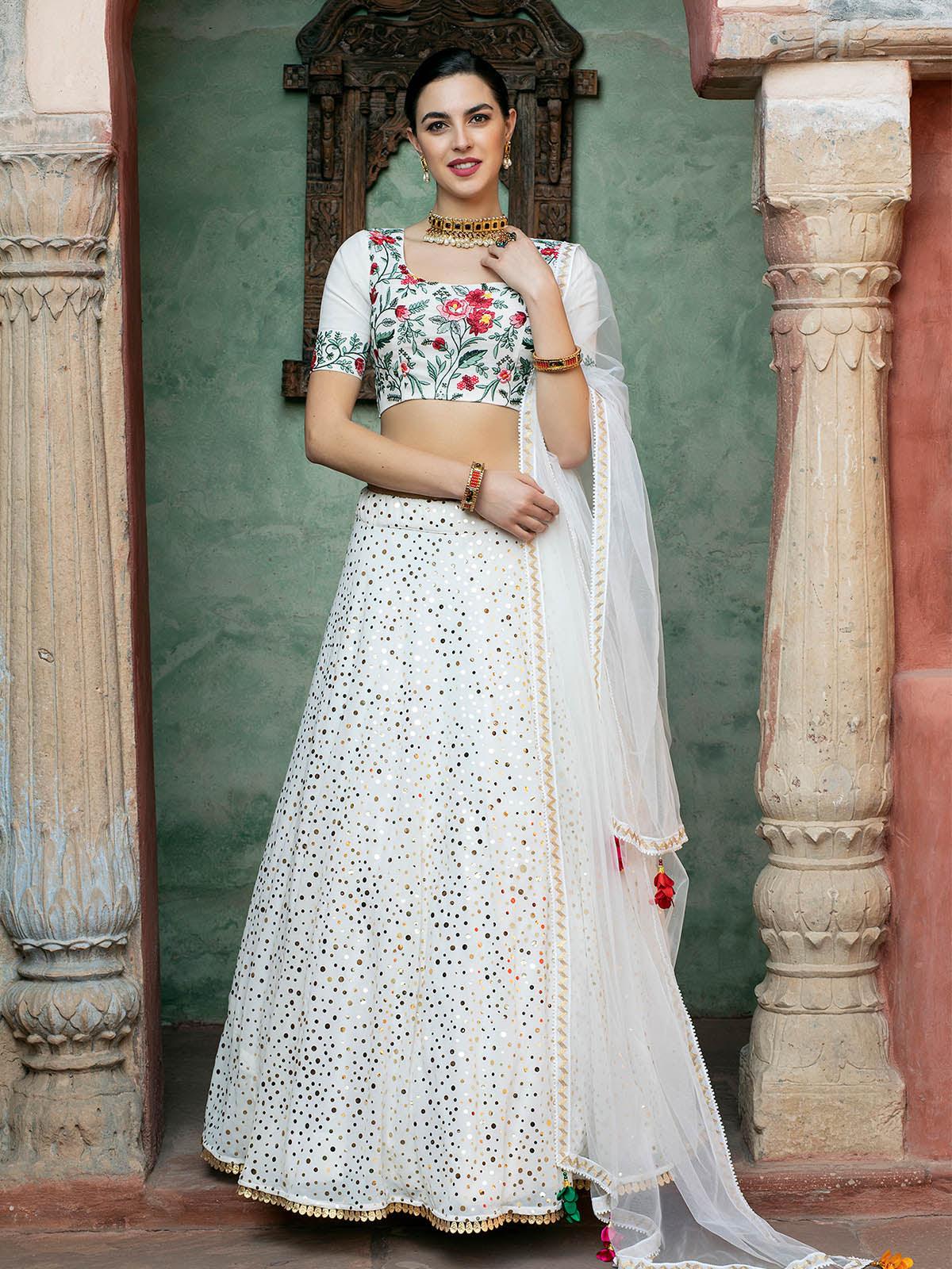 Odette Women Impressive White Georgette Semi Stitched Lehenga With  Unstitched Blouse - Image 5