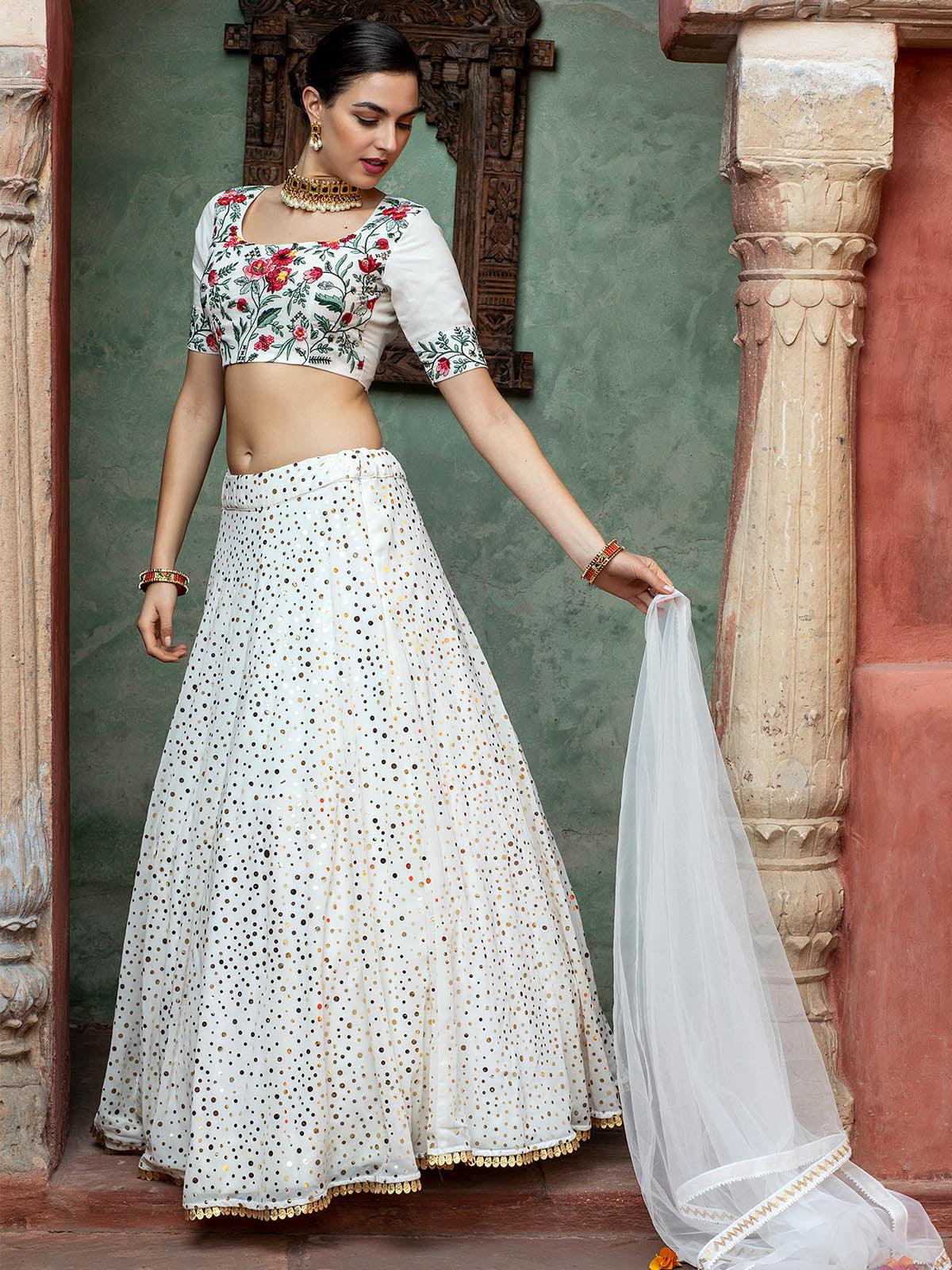 Odette Women Impressive White Georgette Semi Stitched Lehenga With  Unstitched Blouse - Image 7
