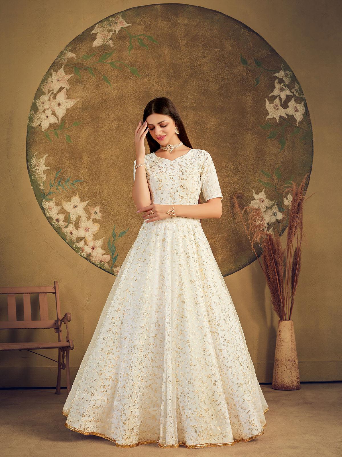 Odette Women Impressive White Net Semi Stitched Gown - Image 3