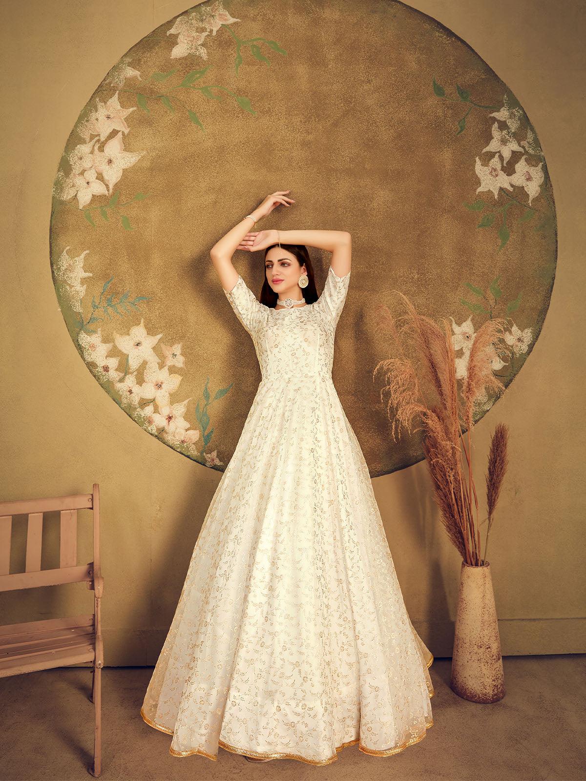 Odette Women Impressive White Net Semi Stitched Gown - Image 4
