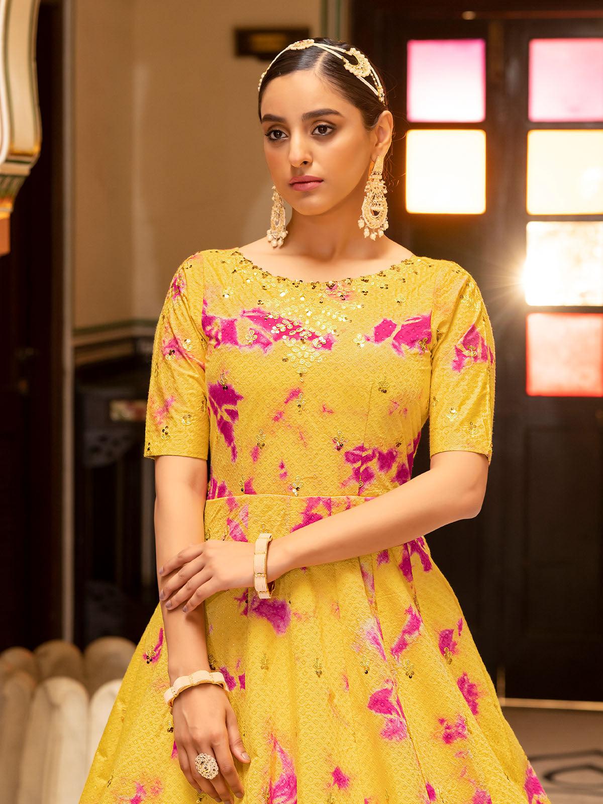 Odette Women Impressive Yellow Cotton Semi Stitched Anarkali - Image 2