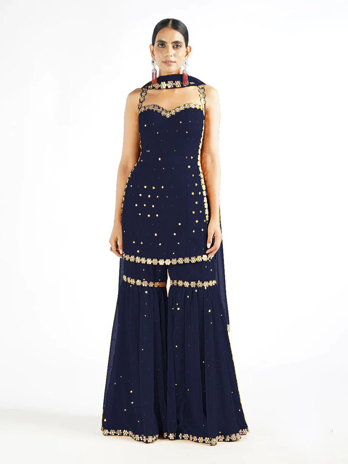 Odette Women Dark Blue Sequence Embroidered Georgette Semi Stitched Sharara Suit