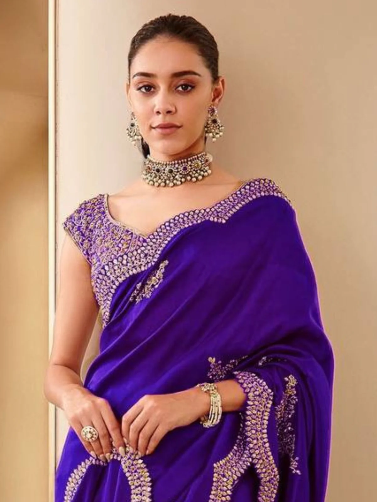 Odette Blue Silk Blend Embellished Saree For Women - Image 2