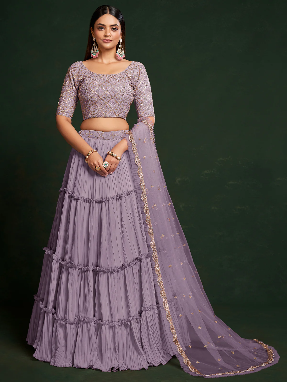 Odette Women Lavender Faux Georgette Semi Stitched Lehenga Choli - Image 2