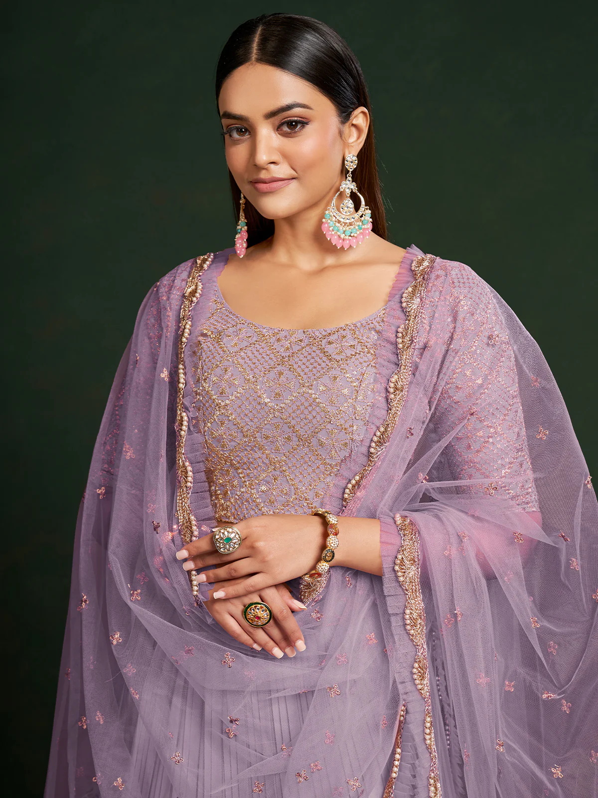Odette Women Lavender Faux Georgette Semi Stitched Lehenga Choli - Image 4