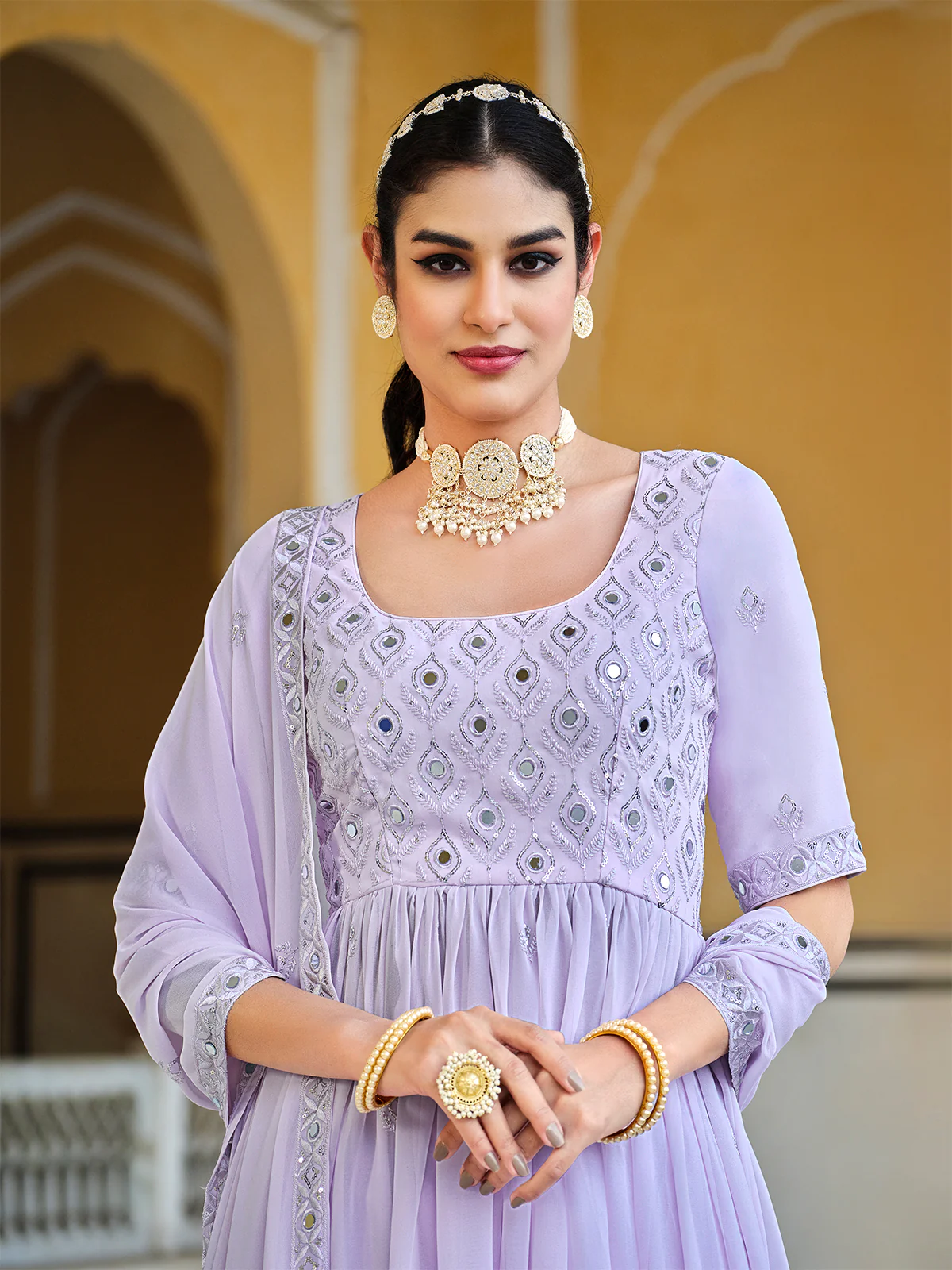 Odette Women Lavendar Georgette Embroidered Semi Stitched Salwar Suit - Image 4
