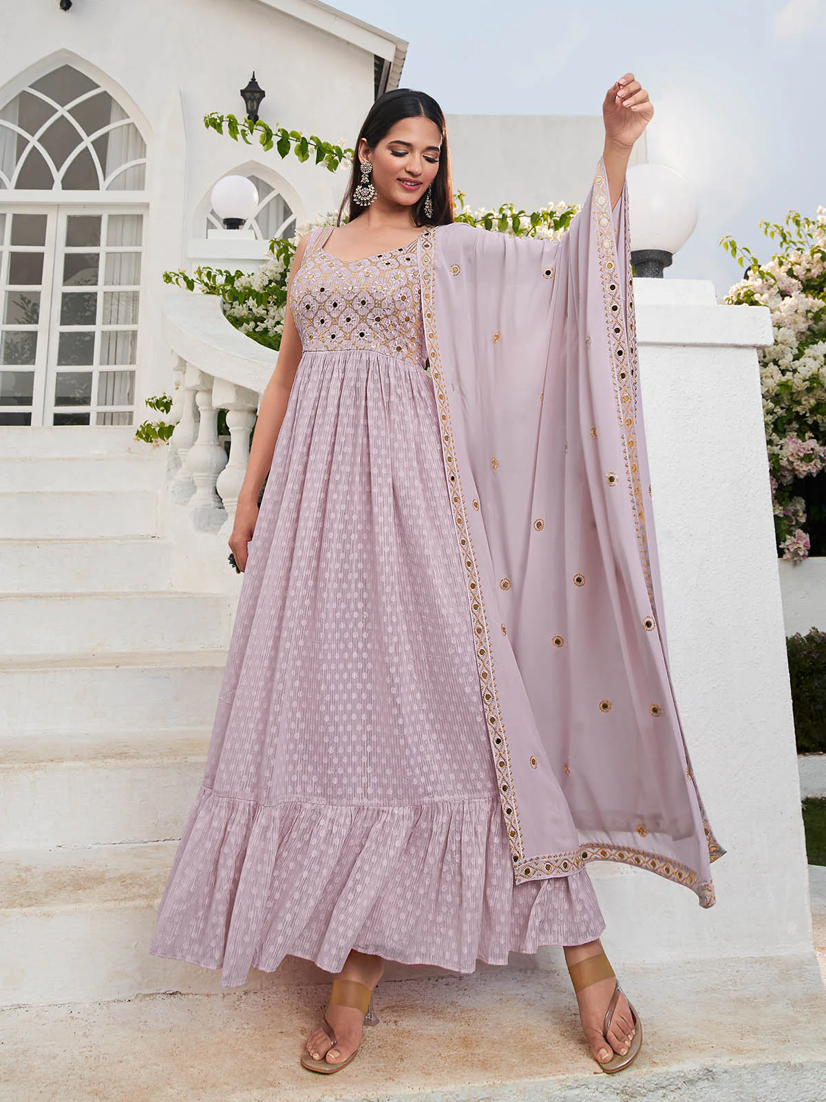 Odette Women Lavender Georgette Embroidered Stitched Salwar Suit