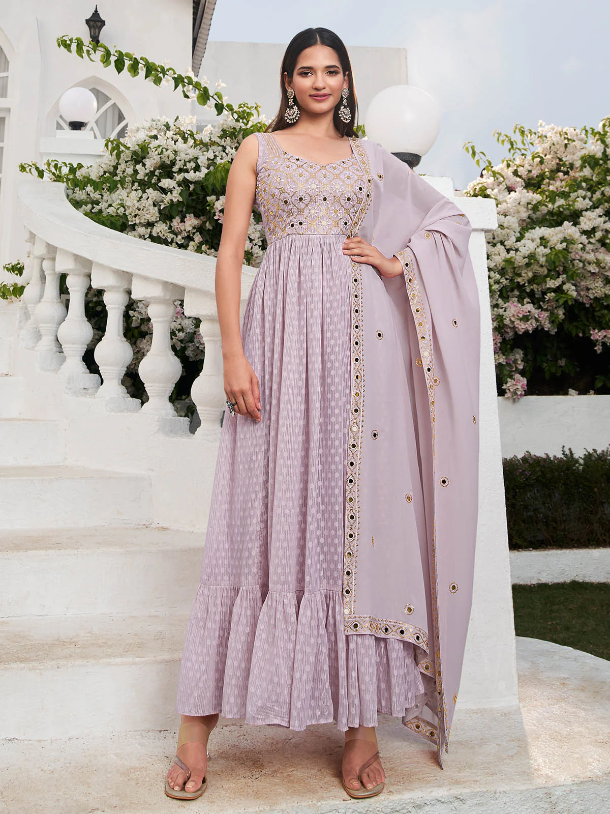 Odette Women Lavender Georgette Embroidered Stitched Salwar Suit - Image 2