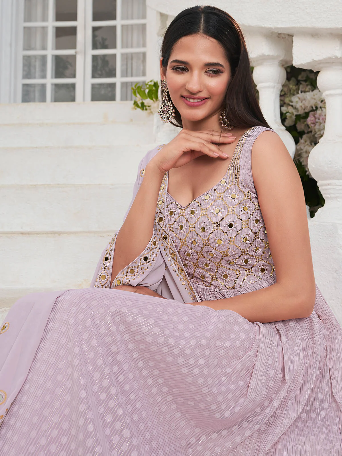 Odette Women Lavender Georgette Embroidered Stitched Salwar Suit - Image 3