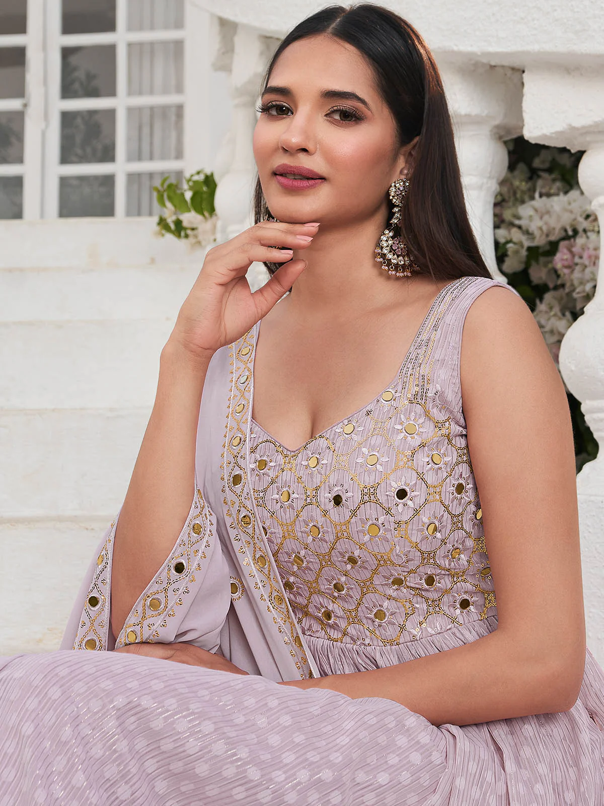 Odette Women Lavender Georgette Embroidered Stitched Salwar Suit - Image 4