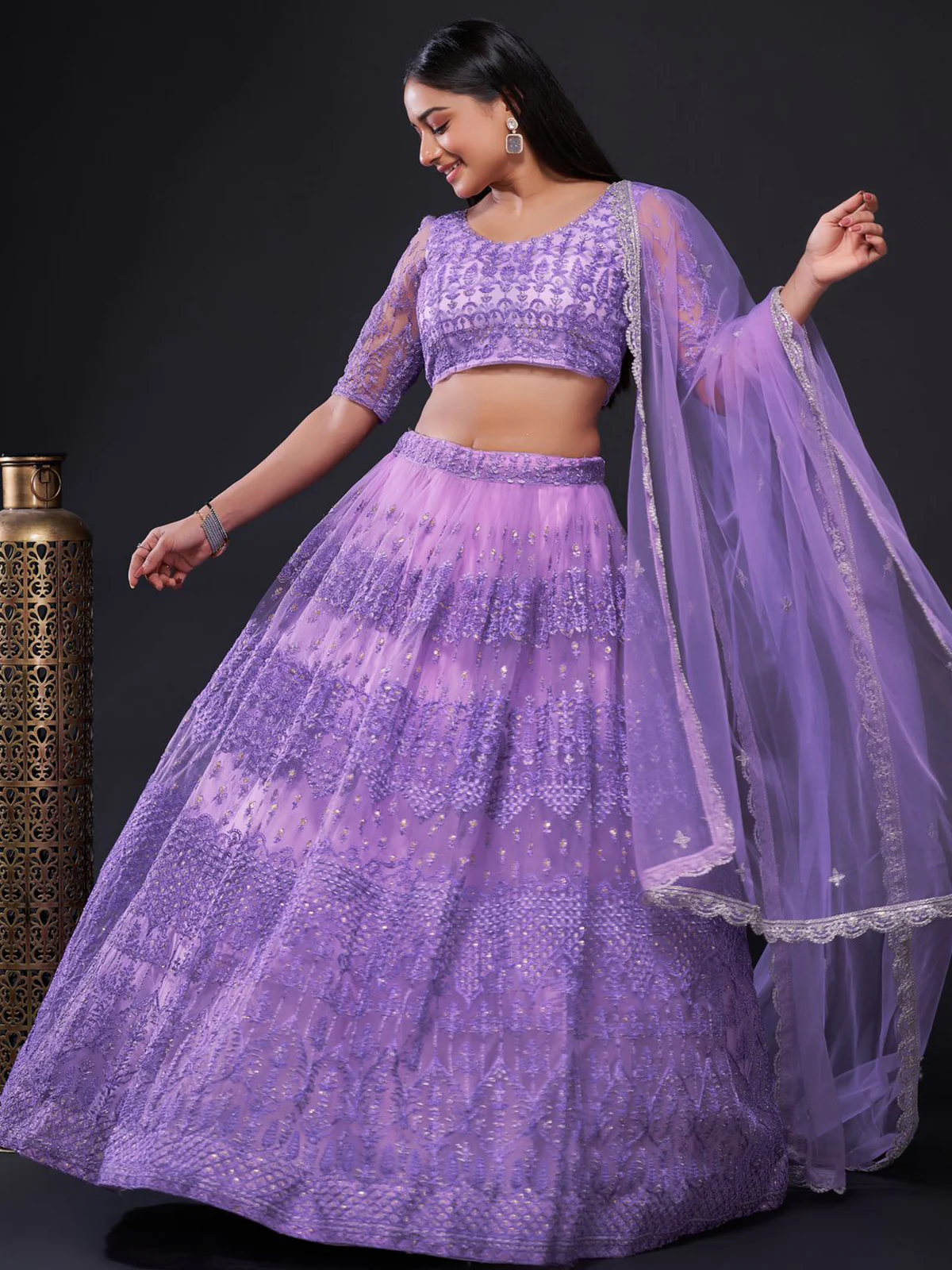 Odette Women Lavender Net Embroidered Semi Stitched Lehenga Choli - Image 2