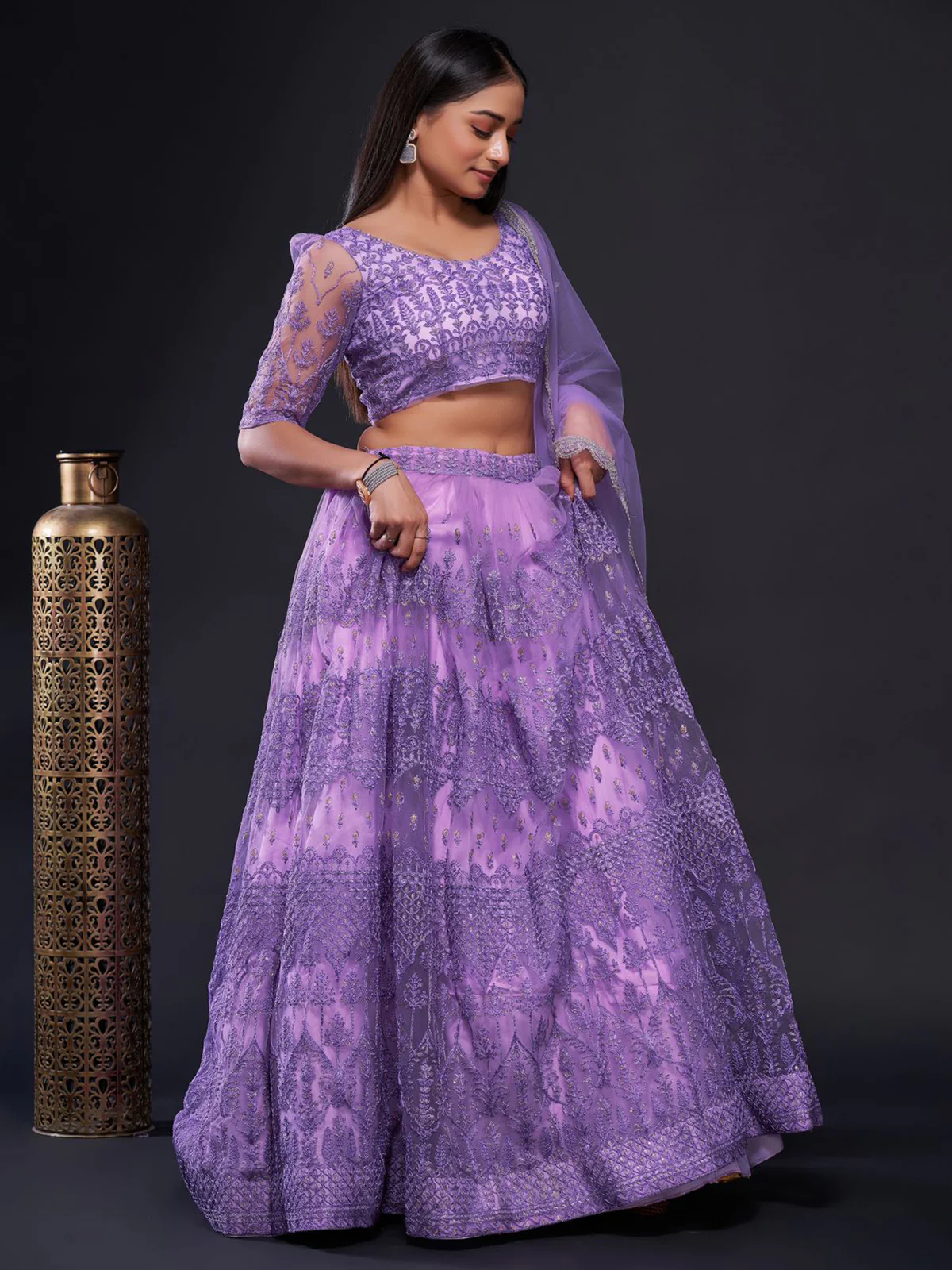 Odette Women Lavender Net Embroidered Semi Stitched Lehenga Choli - Image 3