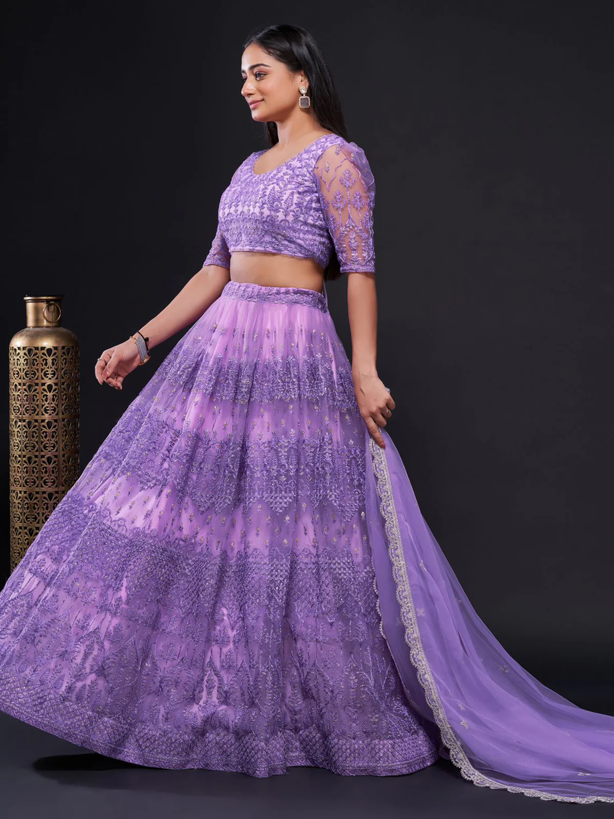 Odette Women Lavender Net Embroidered Semi Stitched Lehenga Choli - Image 4