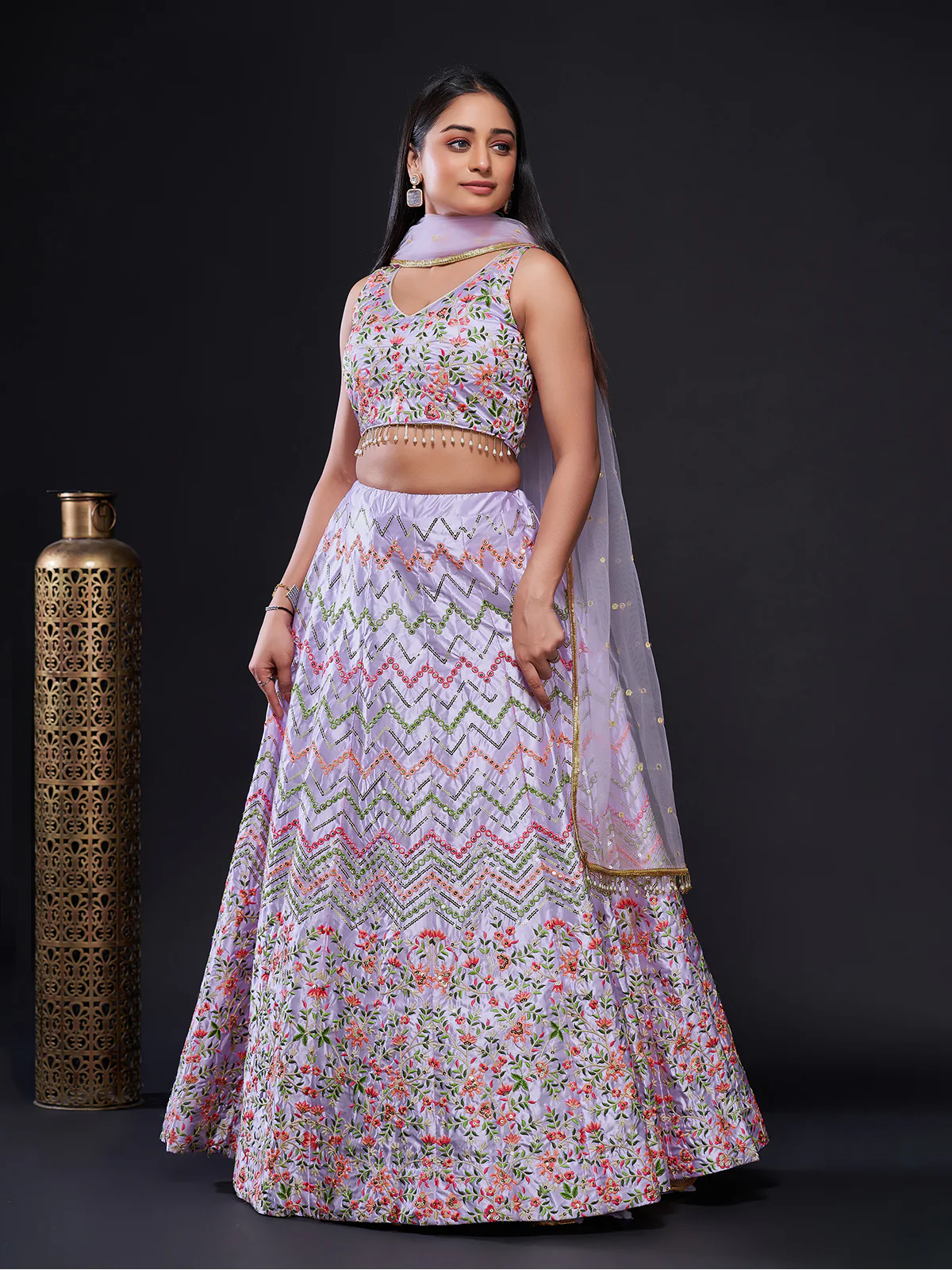 Odette Women Lavender Silk Blend Semi Stitched Lehenga Set