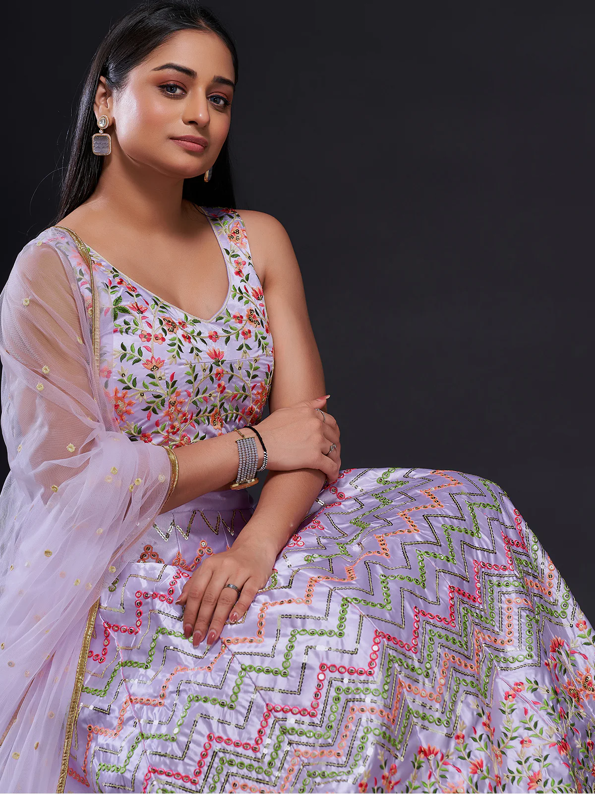 Odette Women Lavender Silk Blend Semi Stitched Lehenga Set - Image 2