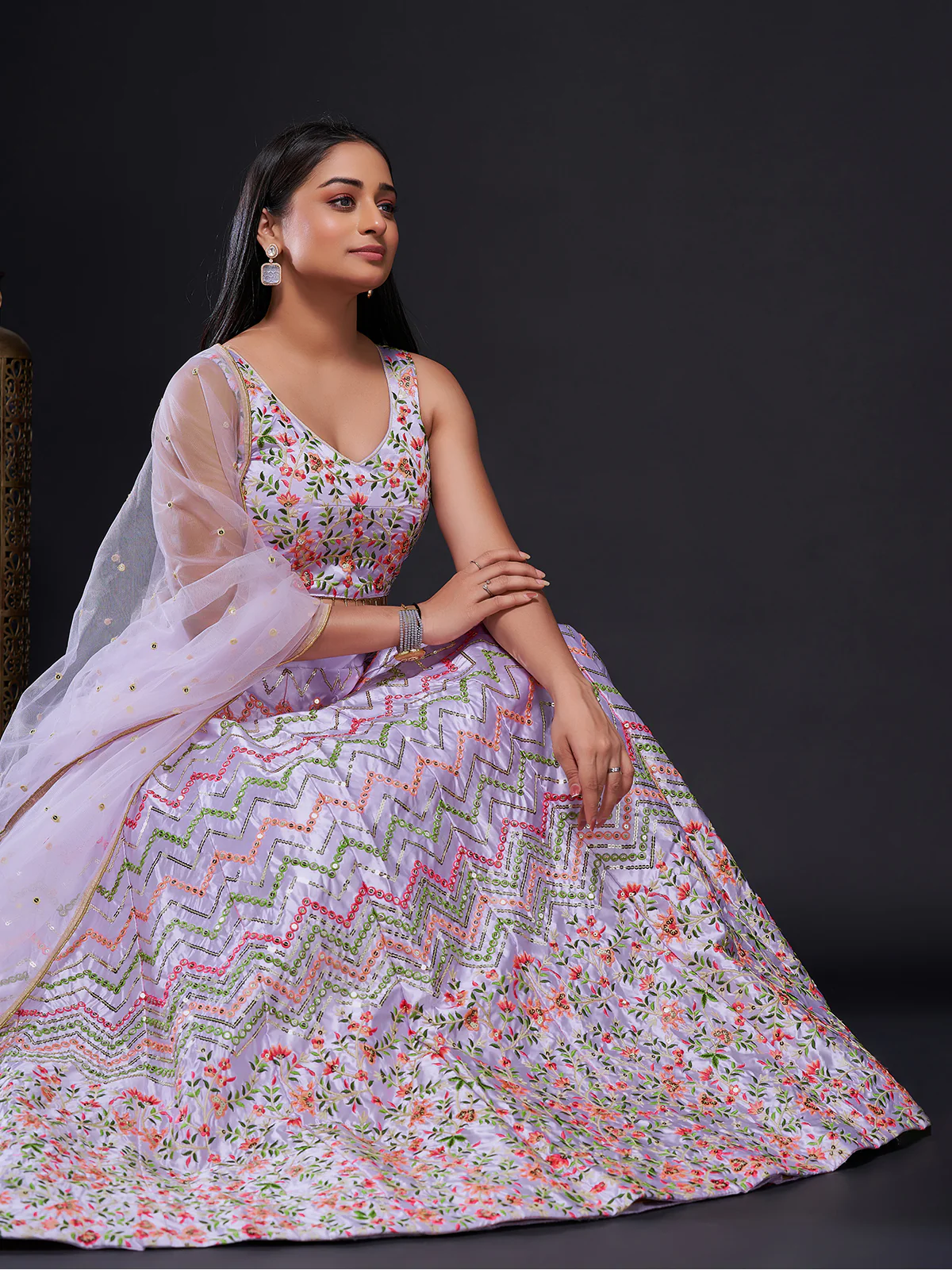 Odette Women Lavender Silk Blend Semi Stitched Lehenga Set - Image 5