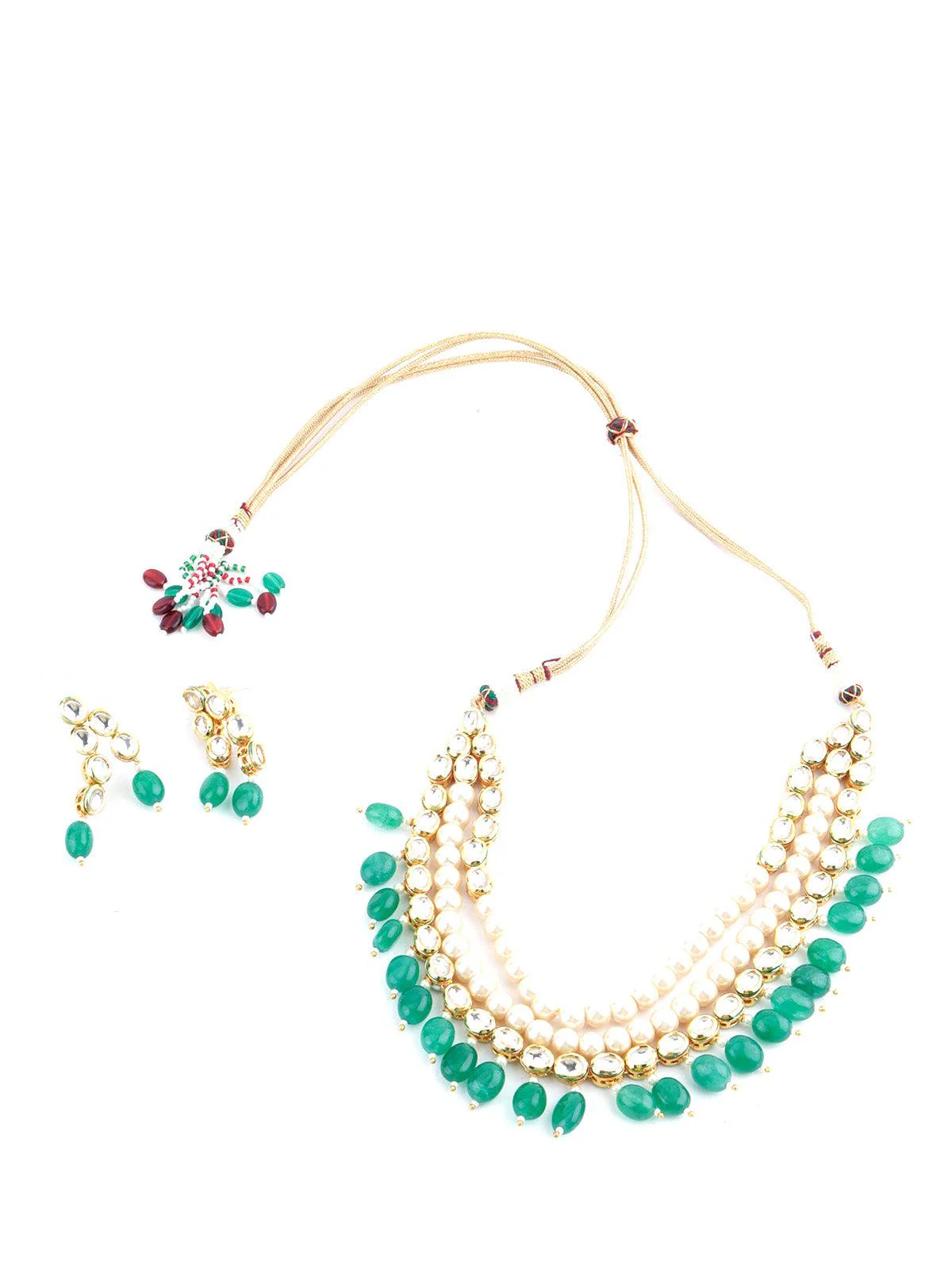 Odette Women Layered Blissful Green Kundan-Pearl-Mani Necklace Set - Image 3