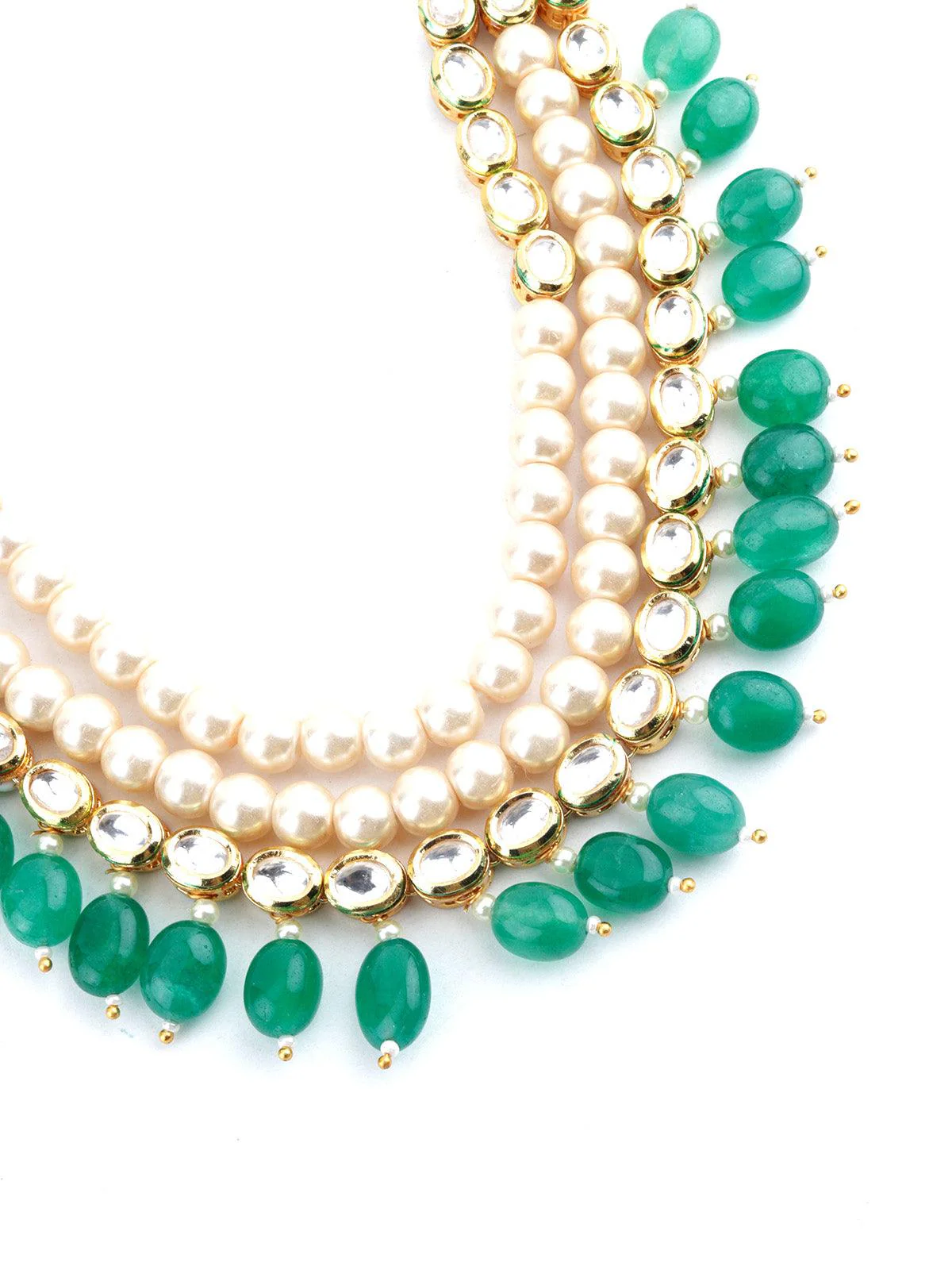 Odette Women Layered Blissful Green Kundan-Pearl-Mani Necklace Set - Image 4