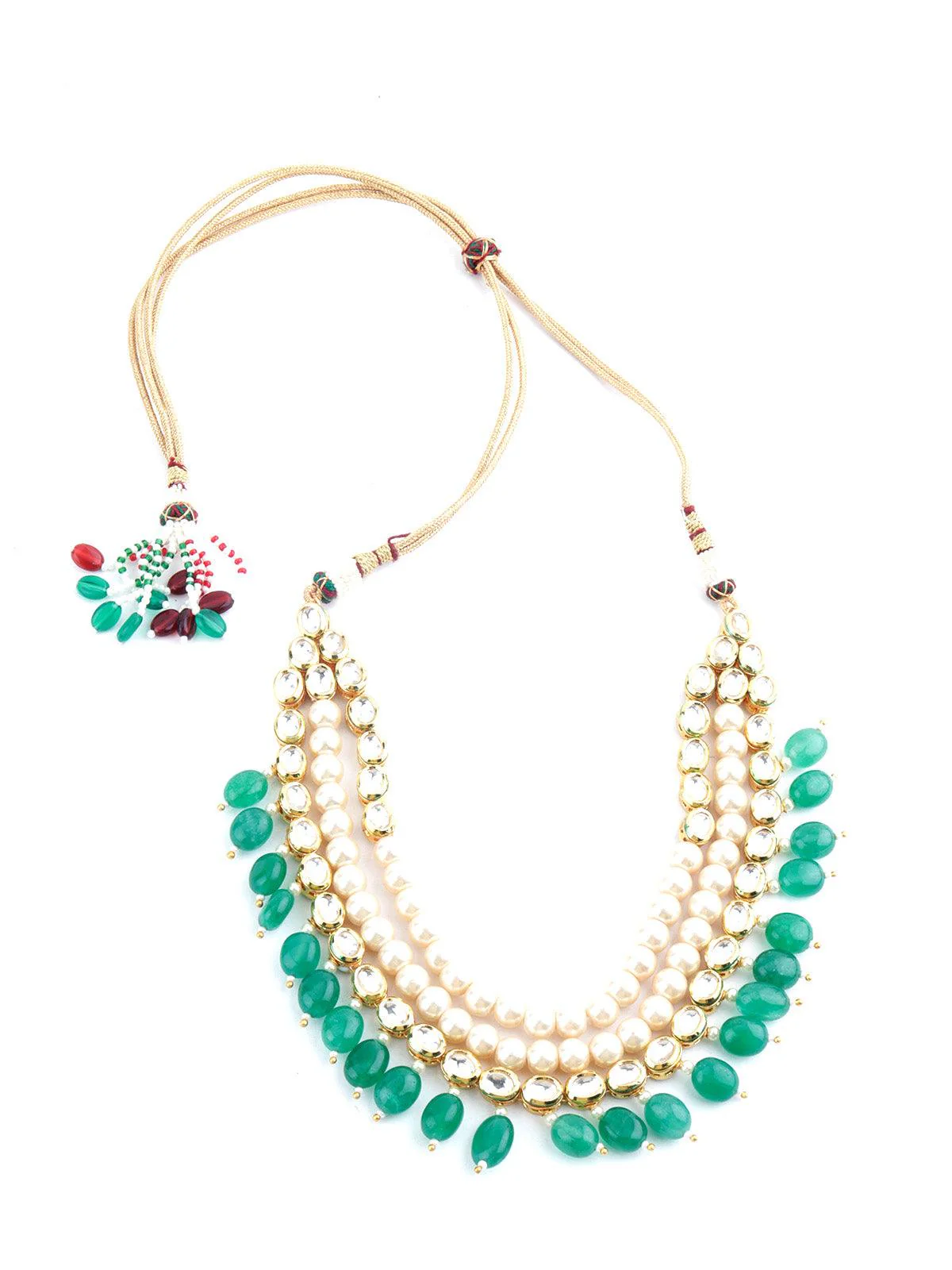 Odette Women Layered Blissful Green Kundan-Pearl-Mani Necklace Set - Image 5