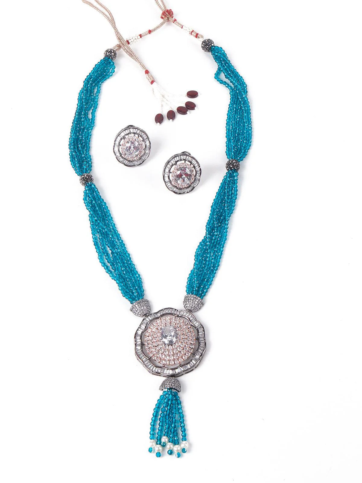 Odette Women Light Blue Beautiful Beaded Pendant Necklace Set - Image 3