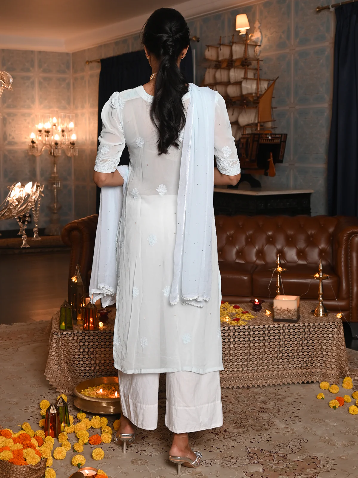 Odette Women Light Blue Georgette Chikankari Beads Embroidered Stitched Kurta With Dupatta - Image 3