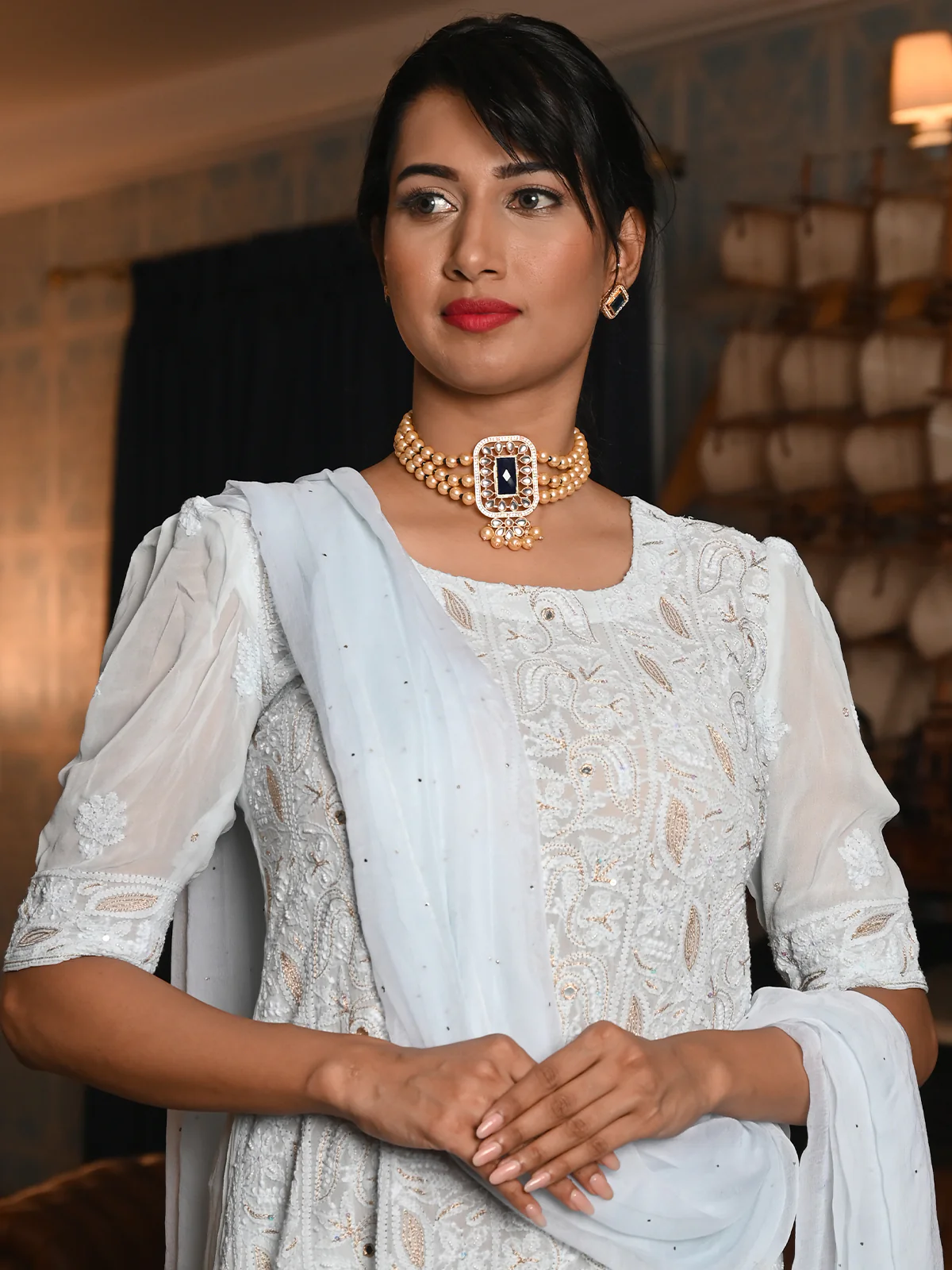 Odette Women Light Blue Georgette Chikankari Beads Embroidered Stitched Kurta With Dupatta - Image 4