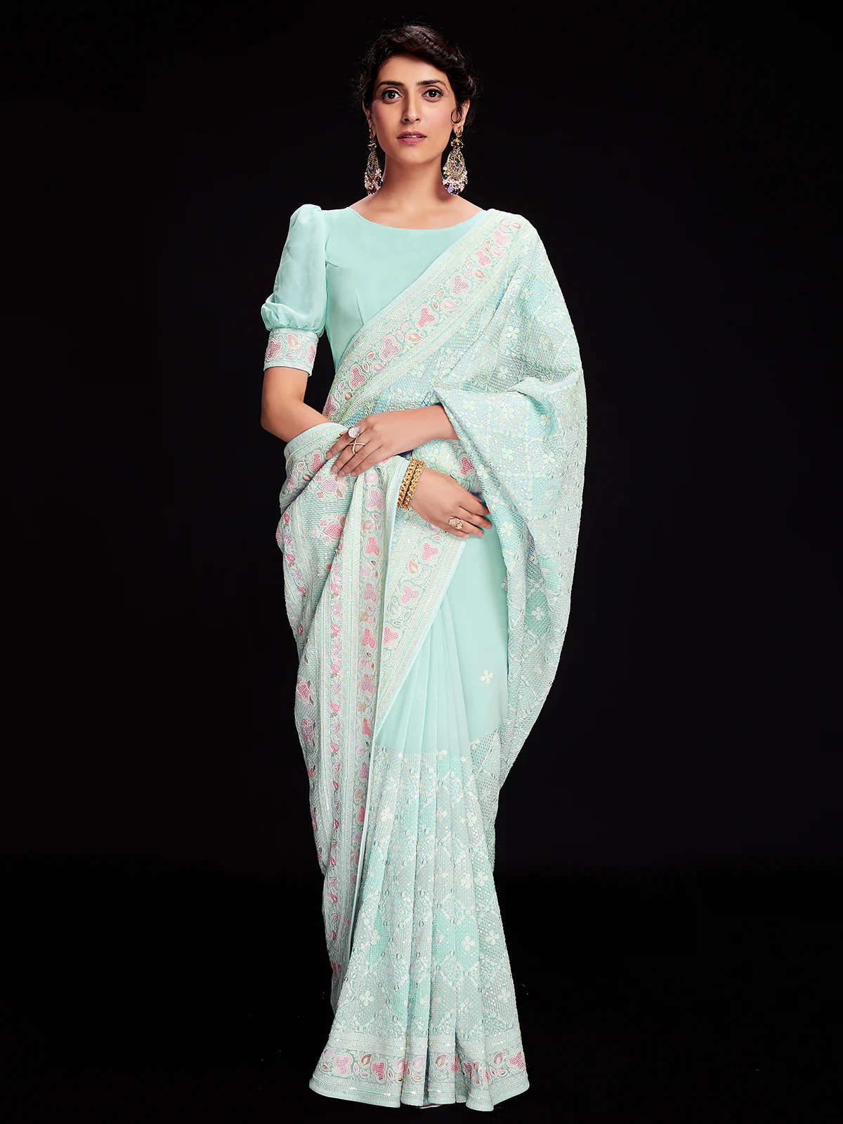 Odette Women Light Blue Georgette Embellished Saree With Unstitched Blouse