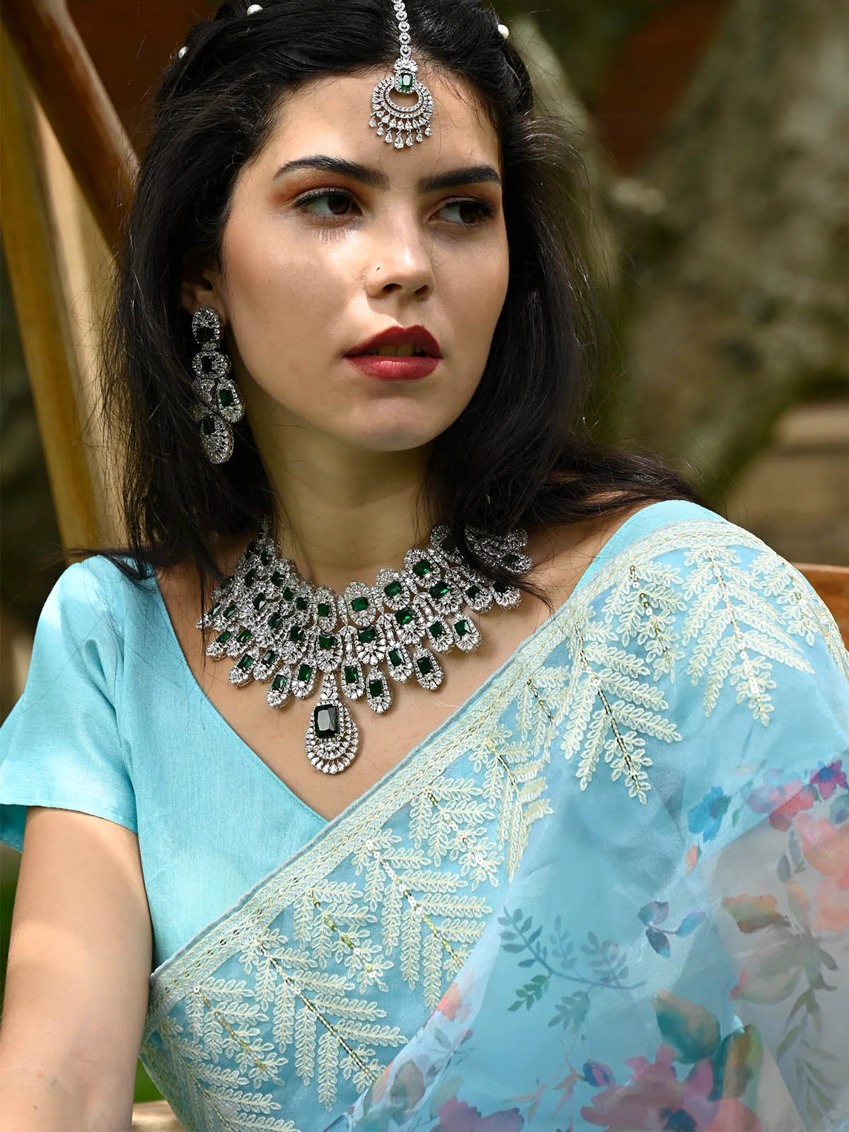 Odette Women Light Blue Organza Floral Print Saree With Unstitched Blouse - Image 3