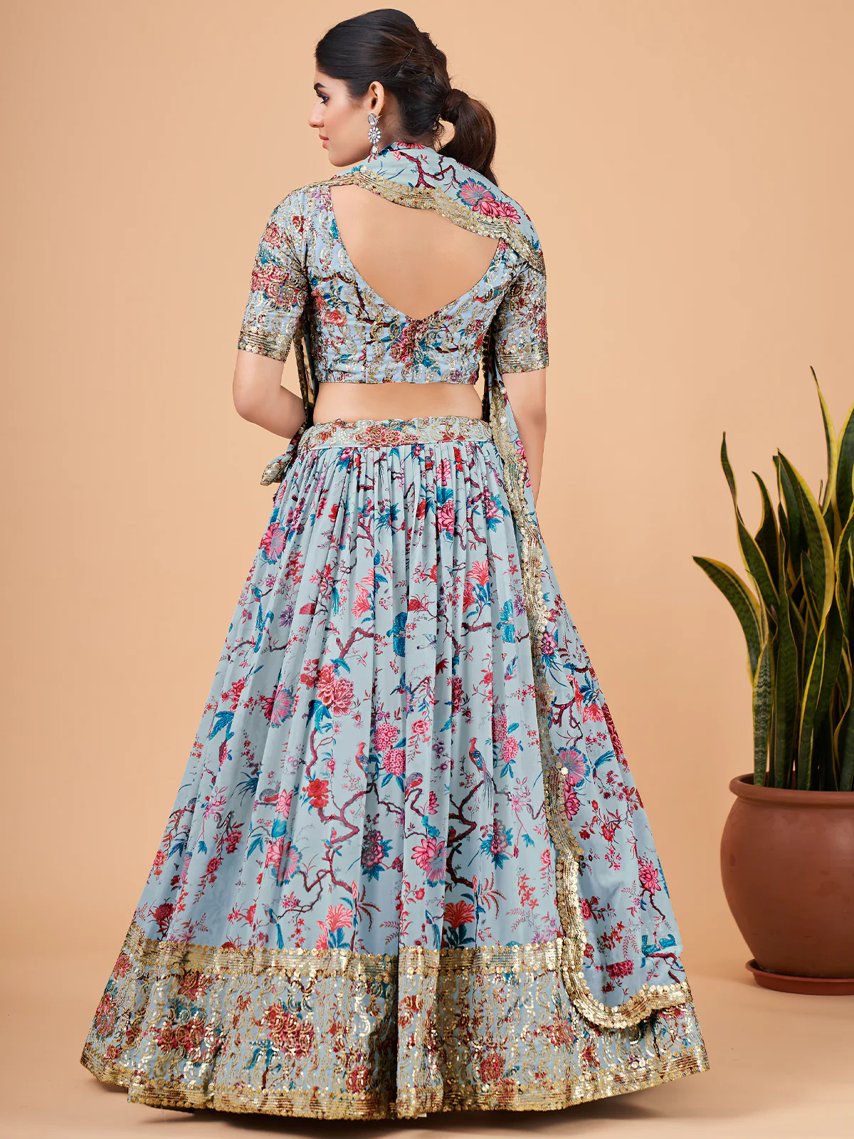 Odette Women Light Blue Printed And Embroidered Semi Stitched Lehenga With Unstitched Blouse - Image 3
