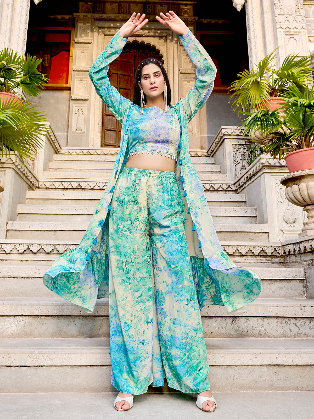 Odette Women Light Blue Silk Blend Printed Indo Western Set - Image 2
