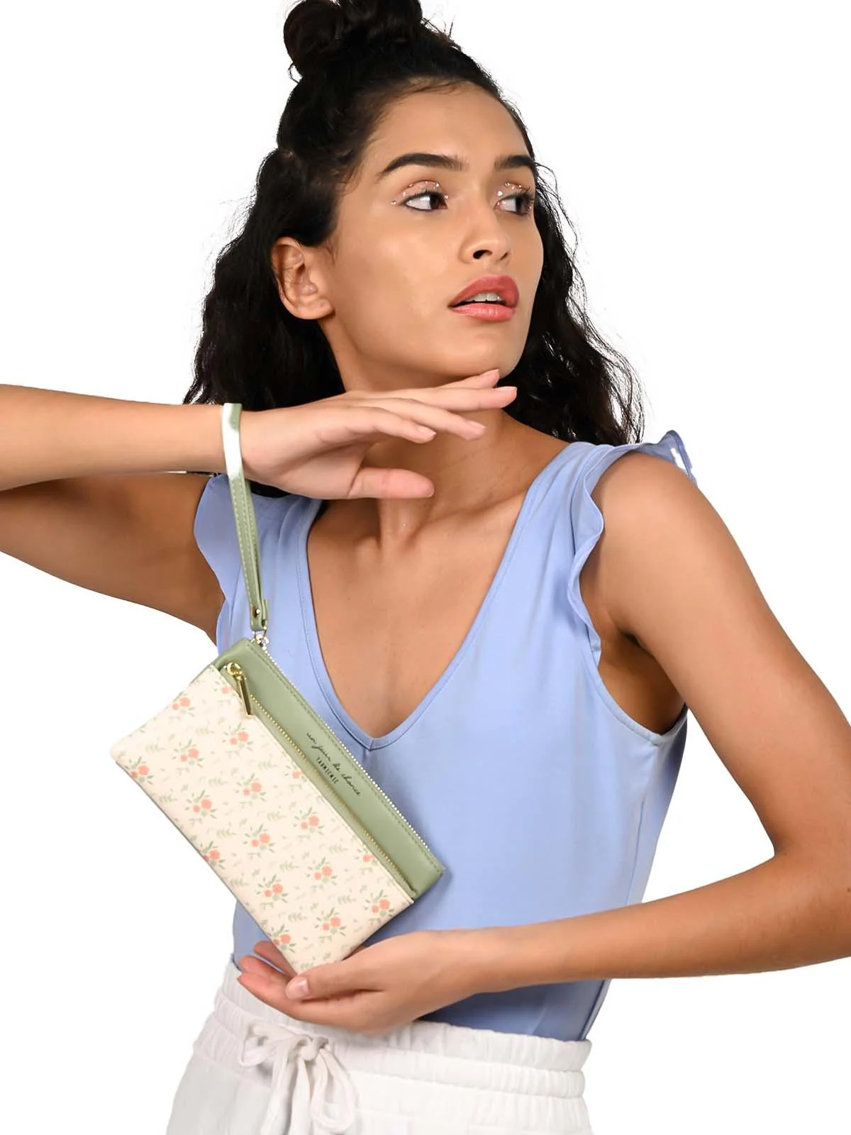 Odette Women Light Green And White Floral Pouch