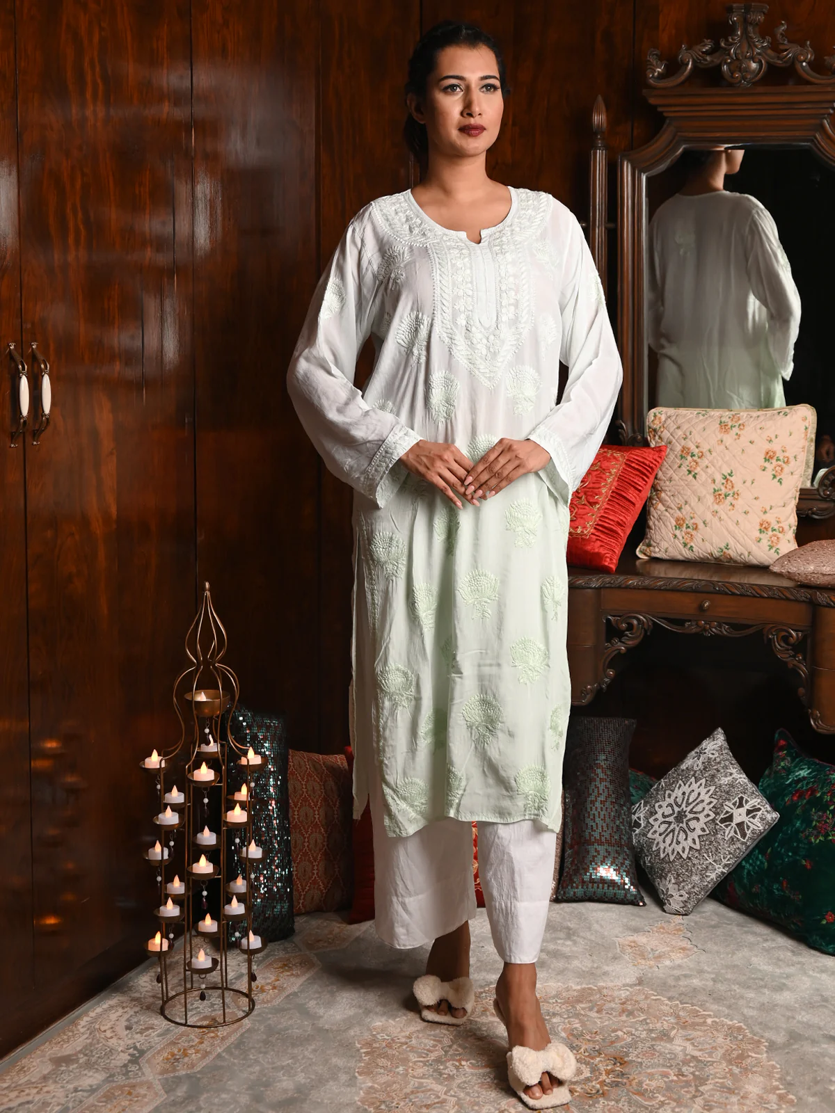 Odette Women Light Green Cotton Viscose Chikankari Embroidered Stitched Kurta - Image 2