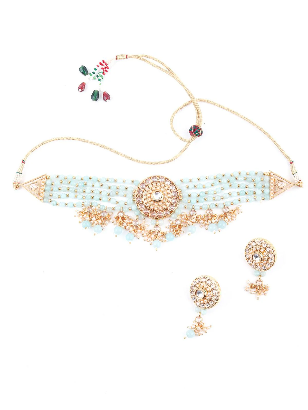 Odette Women Light Green Ethnic Choker Necklace Set - Image 3
