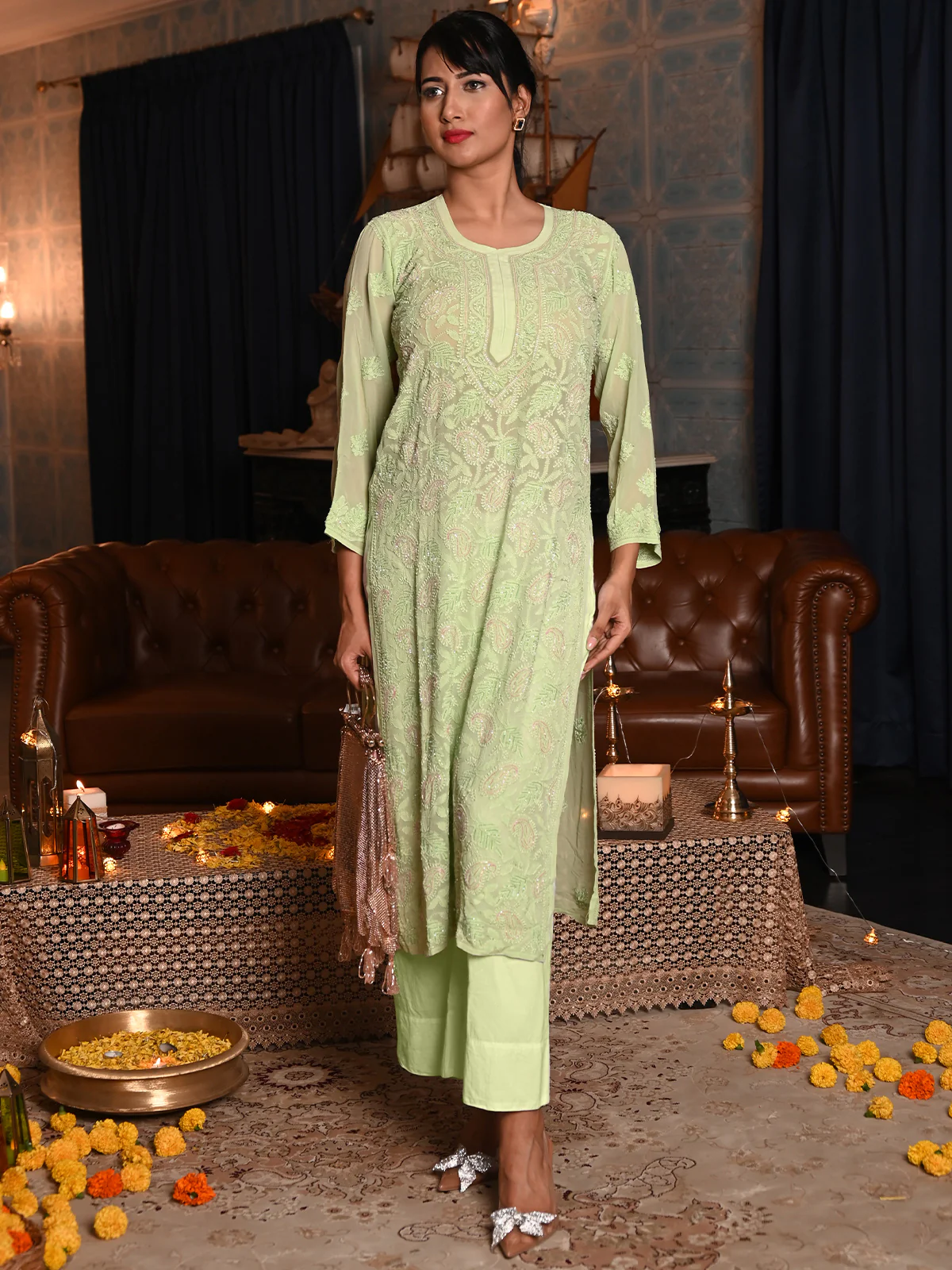 Odette Women Light Green Georgette Chikankari Beads Embroidered Stitched Kurta