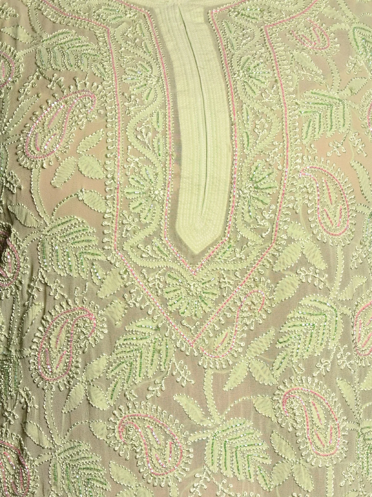 Odette Women Light Green Georgette Chikankari Beads Embroidered Stitched Kurta - Image 4